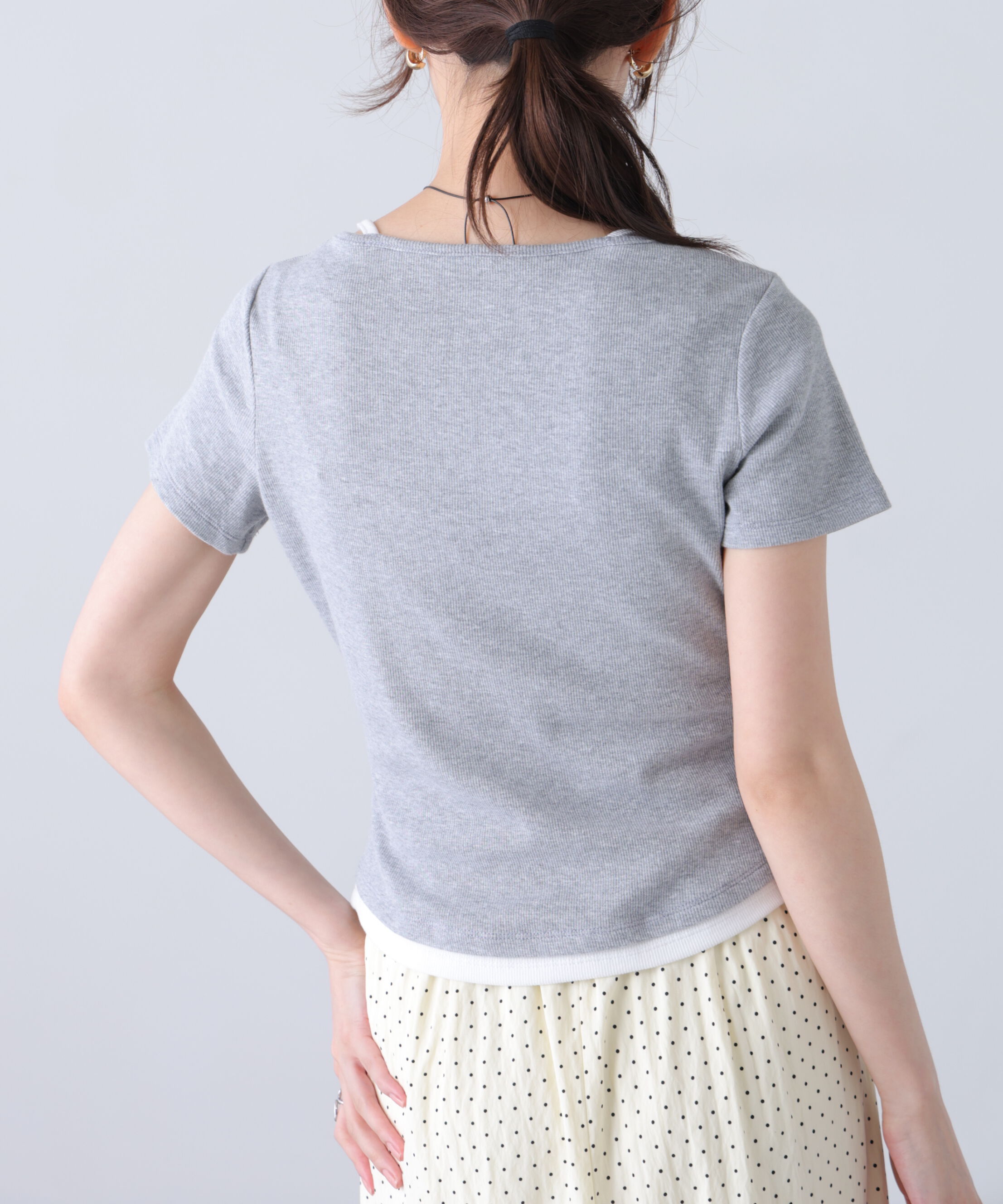  「レースアップレイヤード風半袖カットソー」|Tシャツ・カットソー|