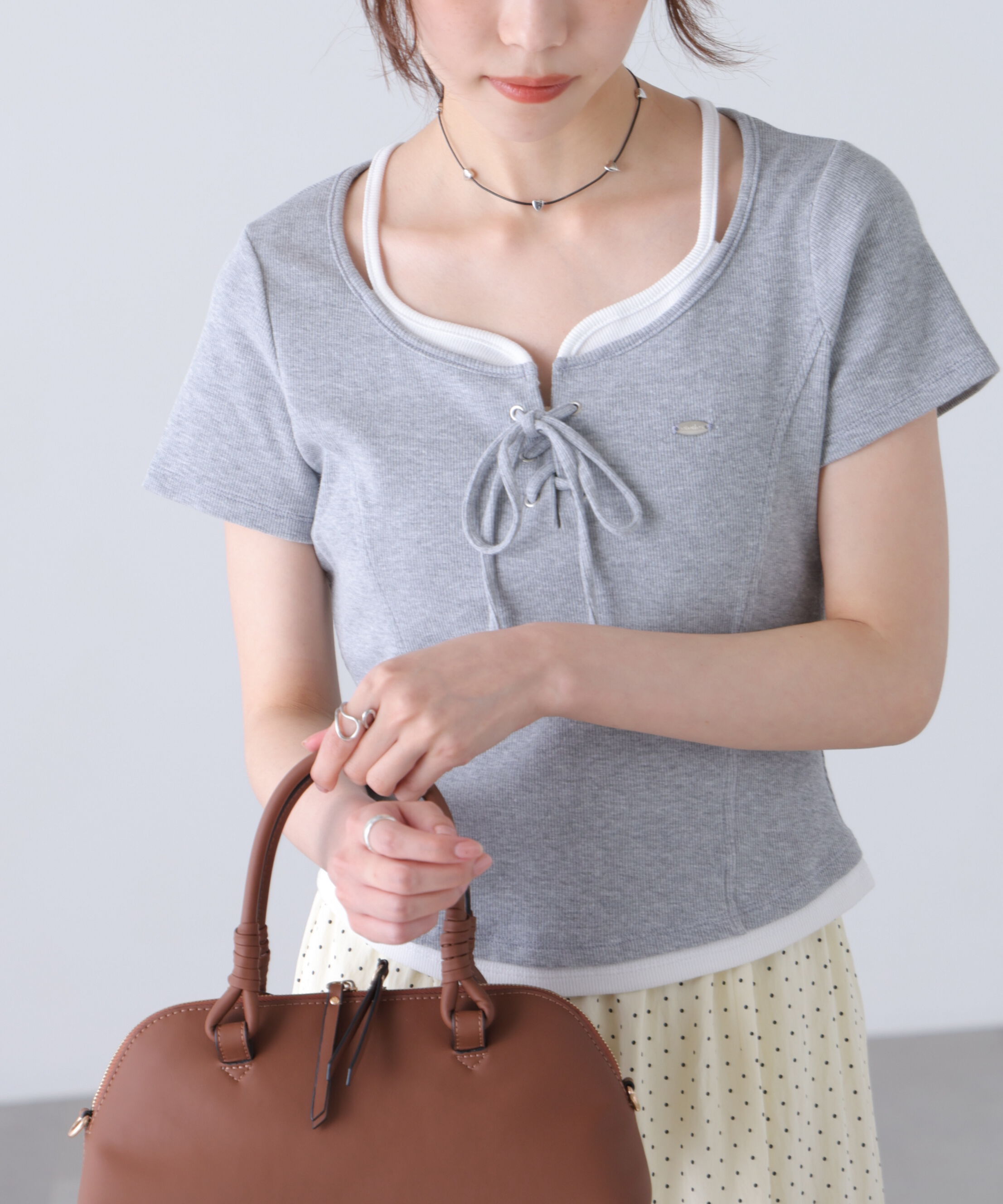  「レースアップレイヤード風半袖カットソー」|Tシャツ・カットソー|