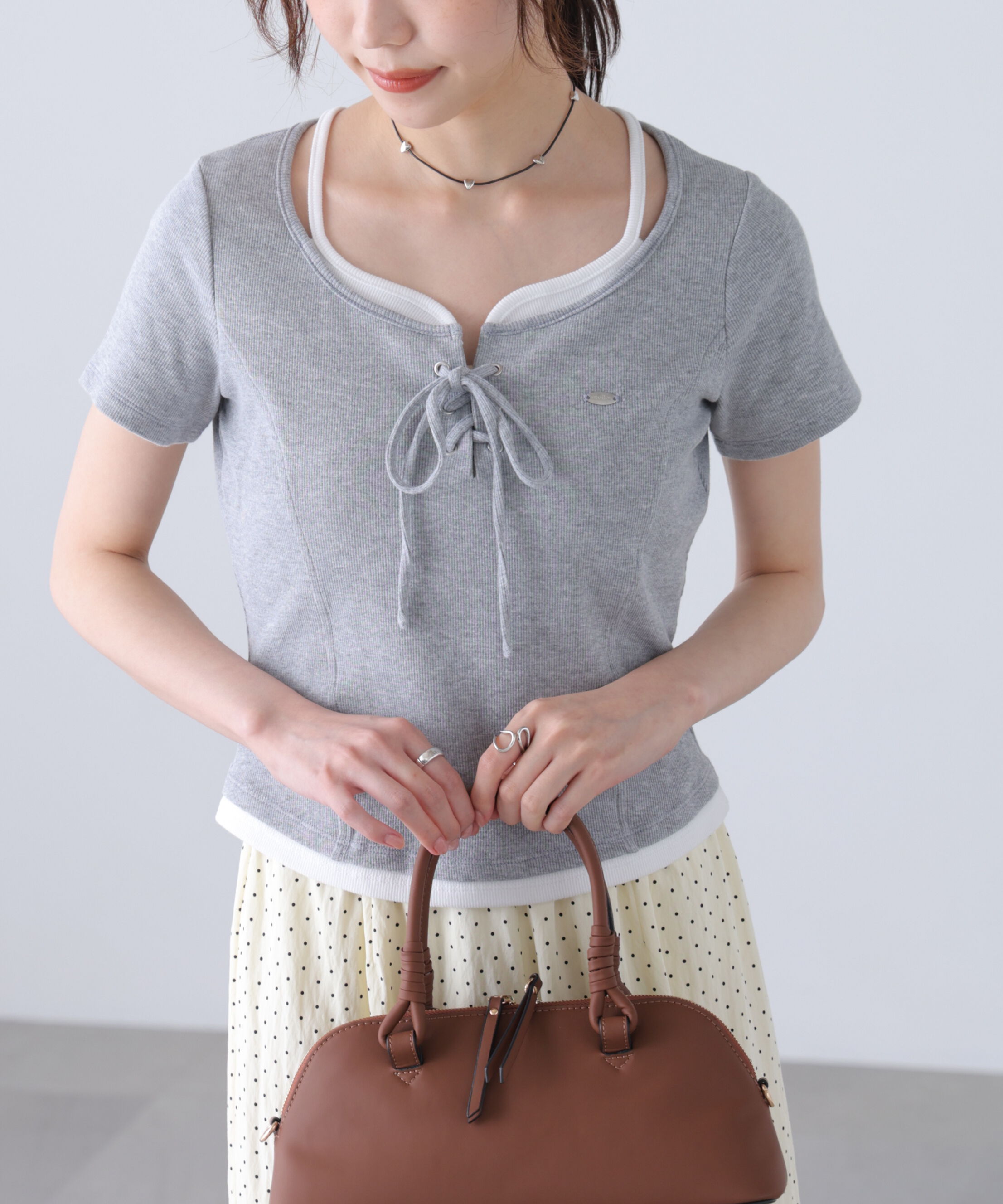  「レースアップレイヤード風半袖カットソー」|Tシャツ・カットソー|