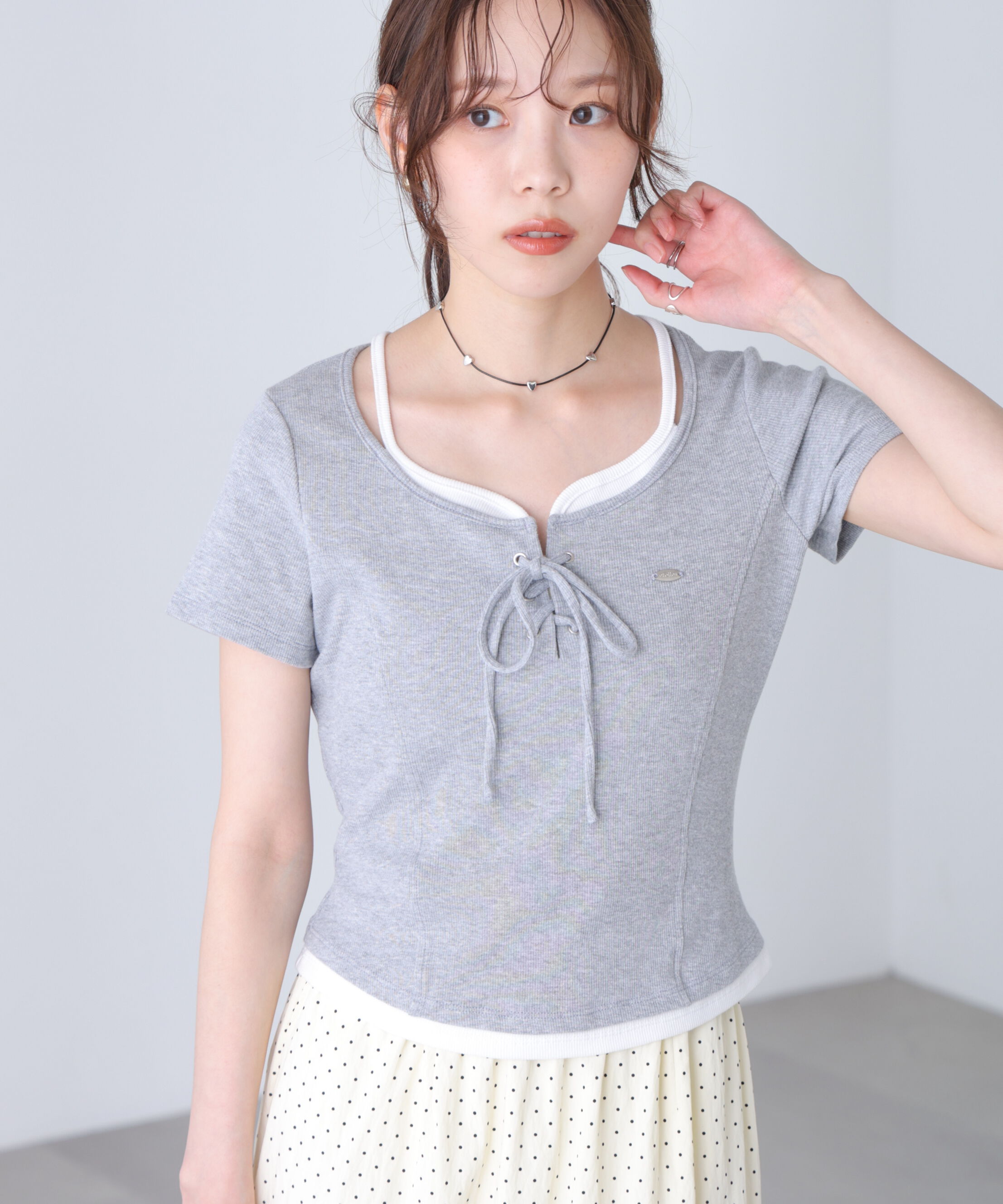  「レースアップレイヤード風半袖カットソー」|Tシャツ・カットソー|