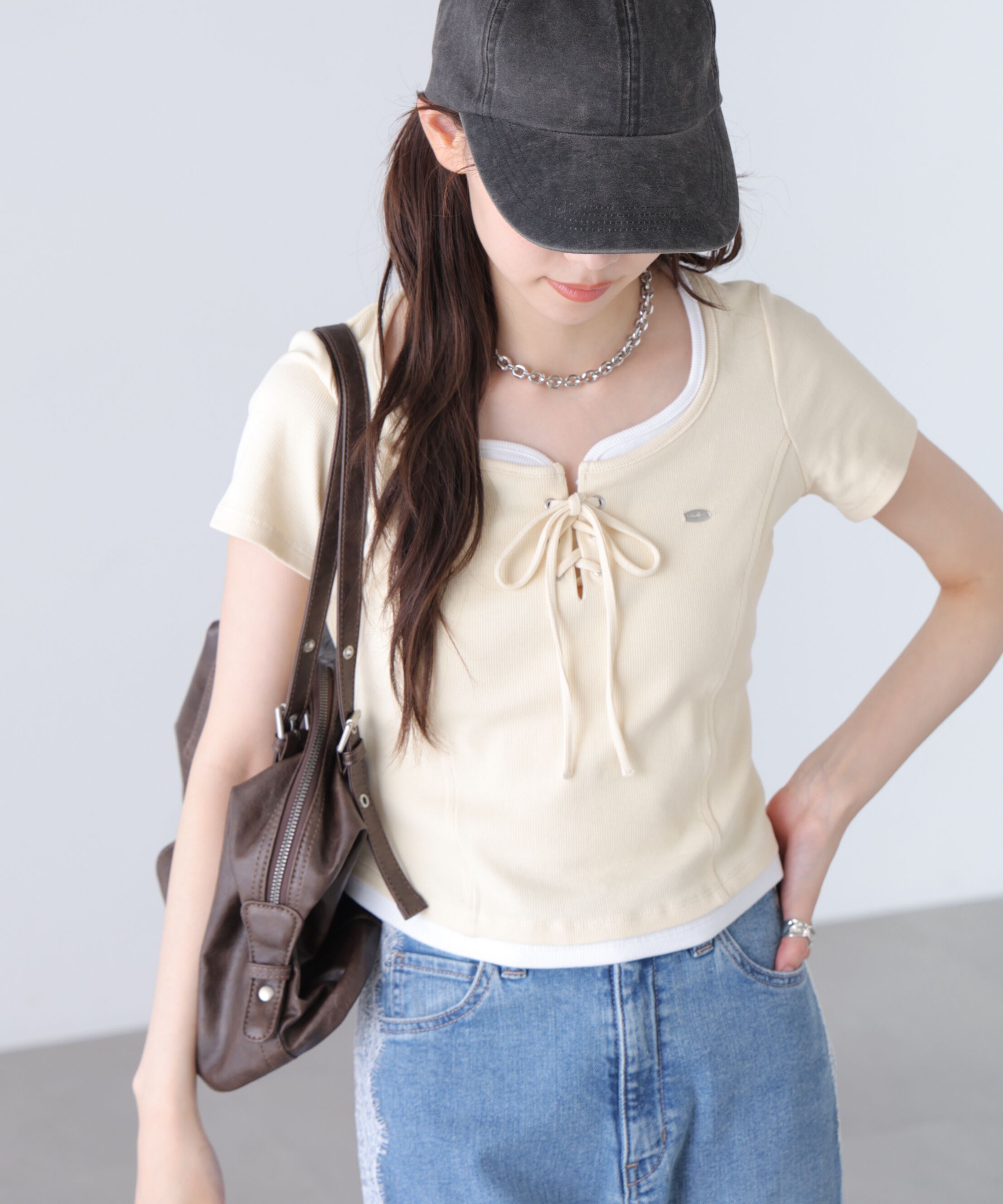  「レースアップレイヤード風半袖カットソー」|Tシャツ・カットソー|オフ
