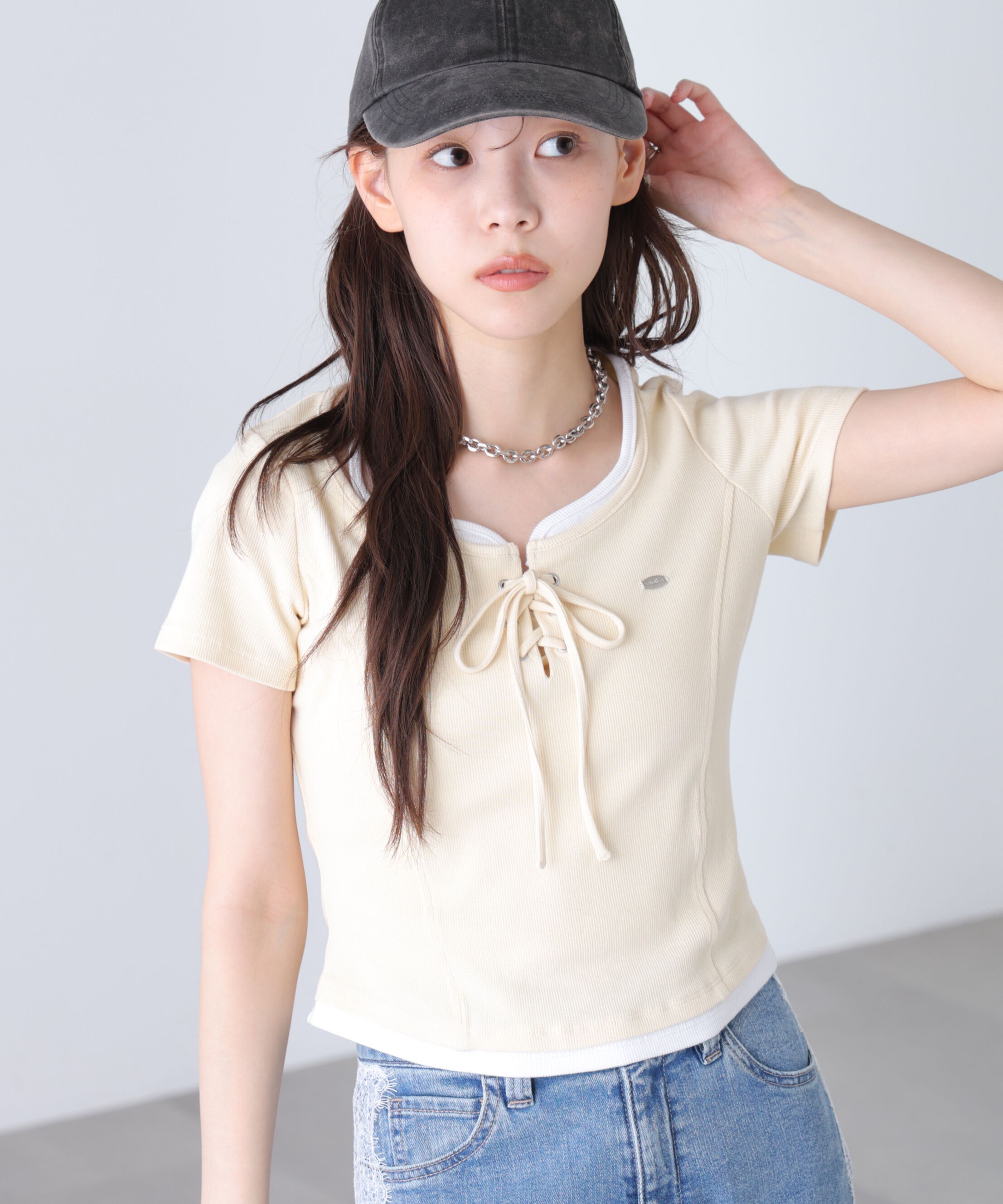  「レースアップレイヤード風半袖カットソー」|Tシャツ・カットソー|