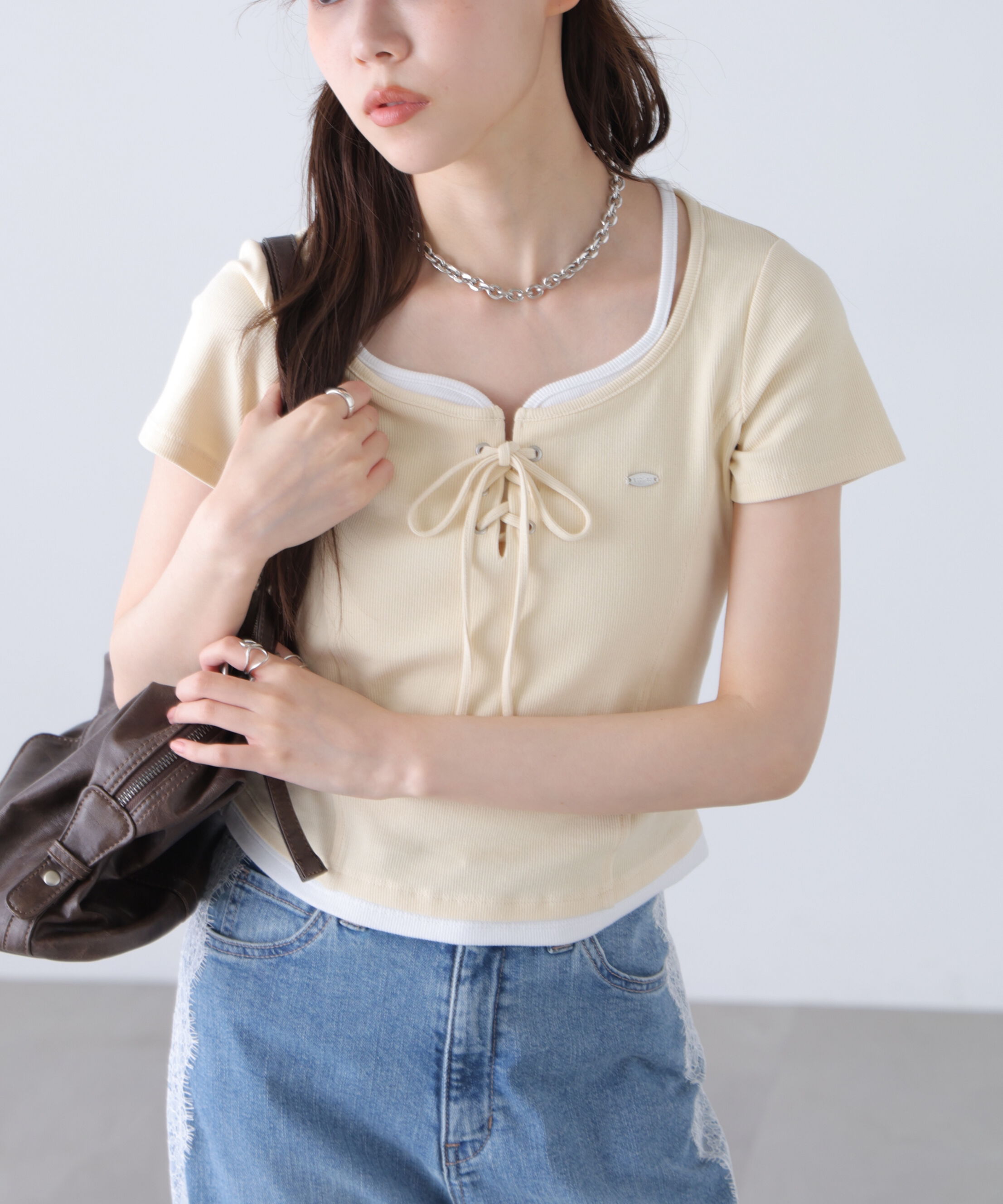  「レースアップレイヤード風半袖カットソー」|Tシャツ・カットソー|