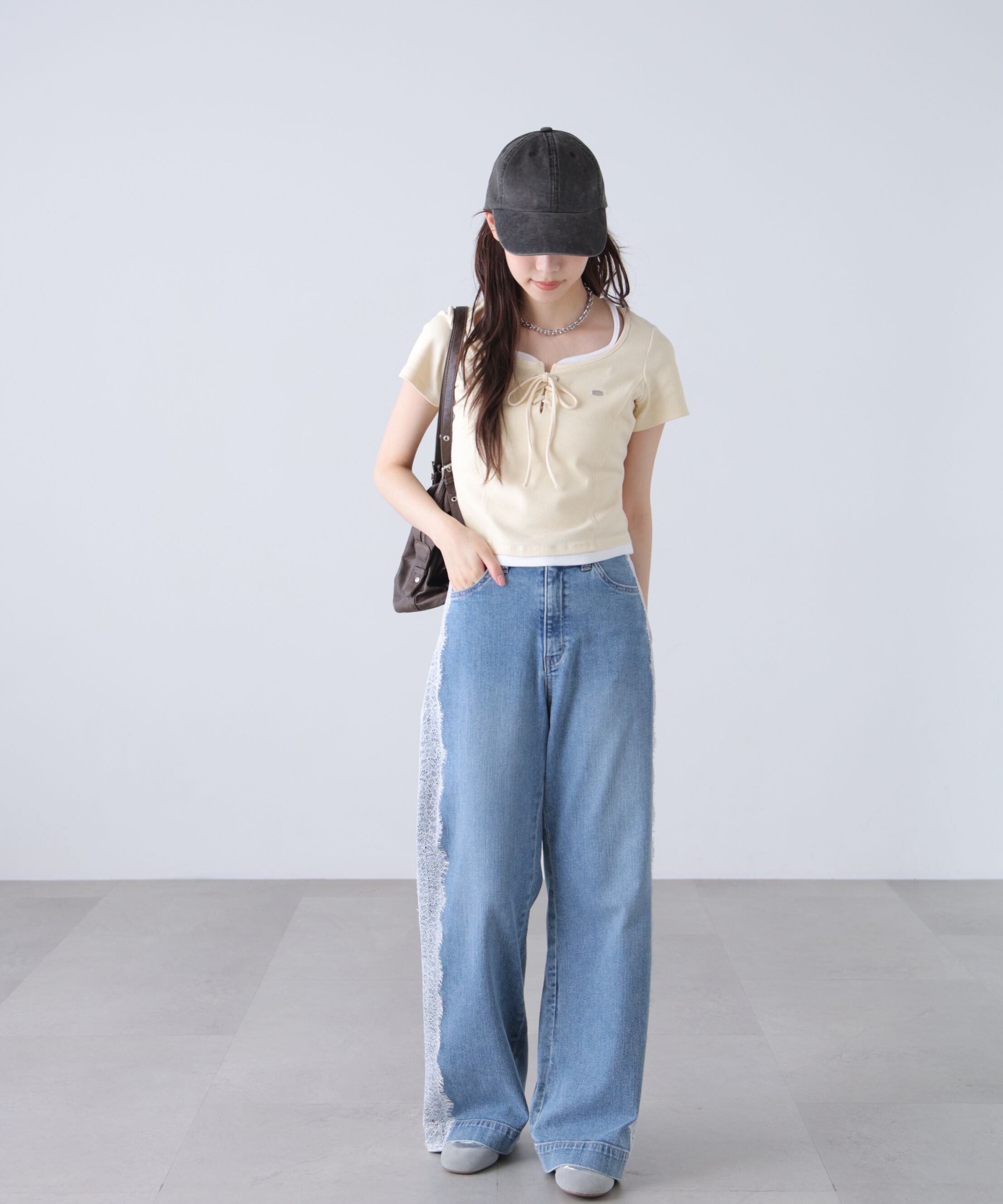  「レースアップレイヤード風半袖カットソー」|Tシャツ・カットソー|