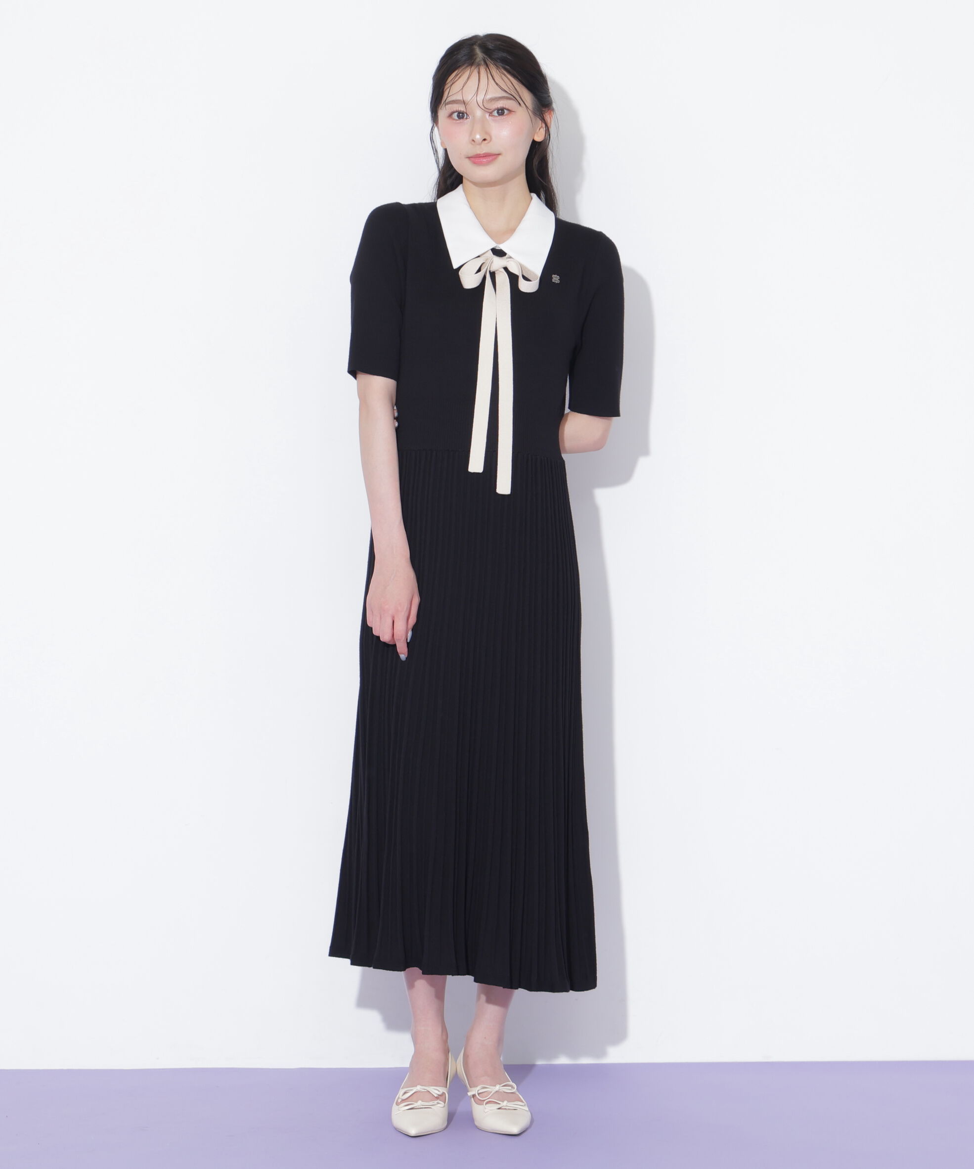  「襟付きプリーツニットワンピース」|ワンピース|
