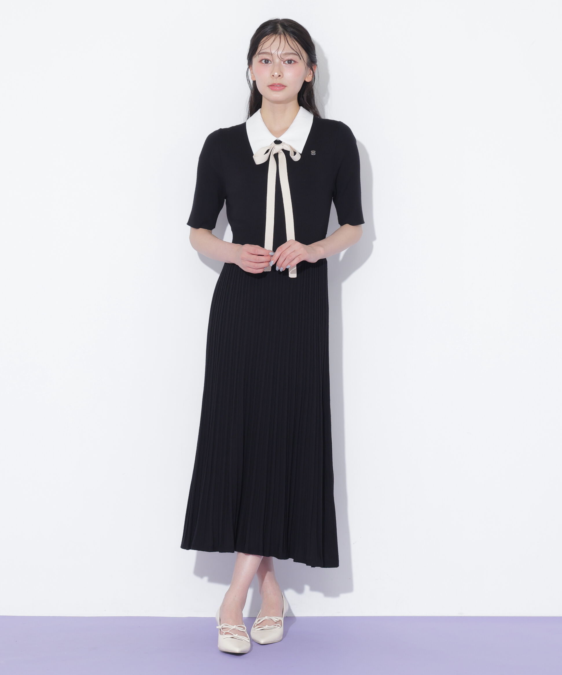  「襟付きプリーツニットワンピース」|ワンピース|