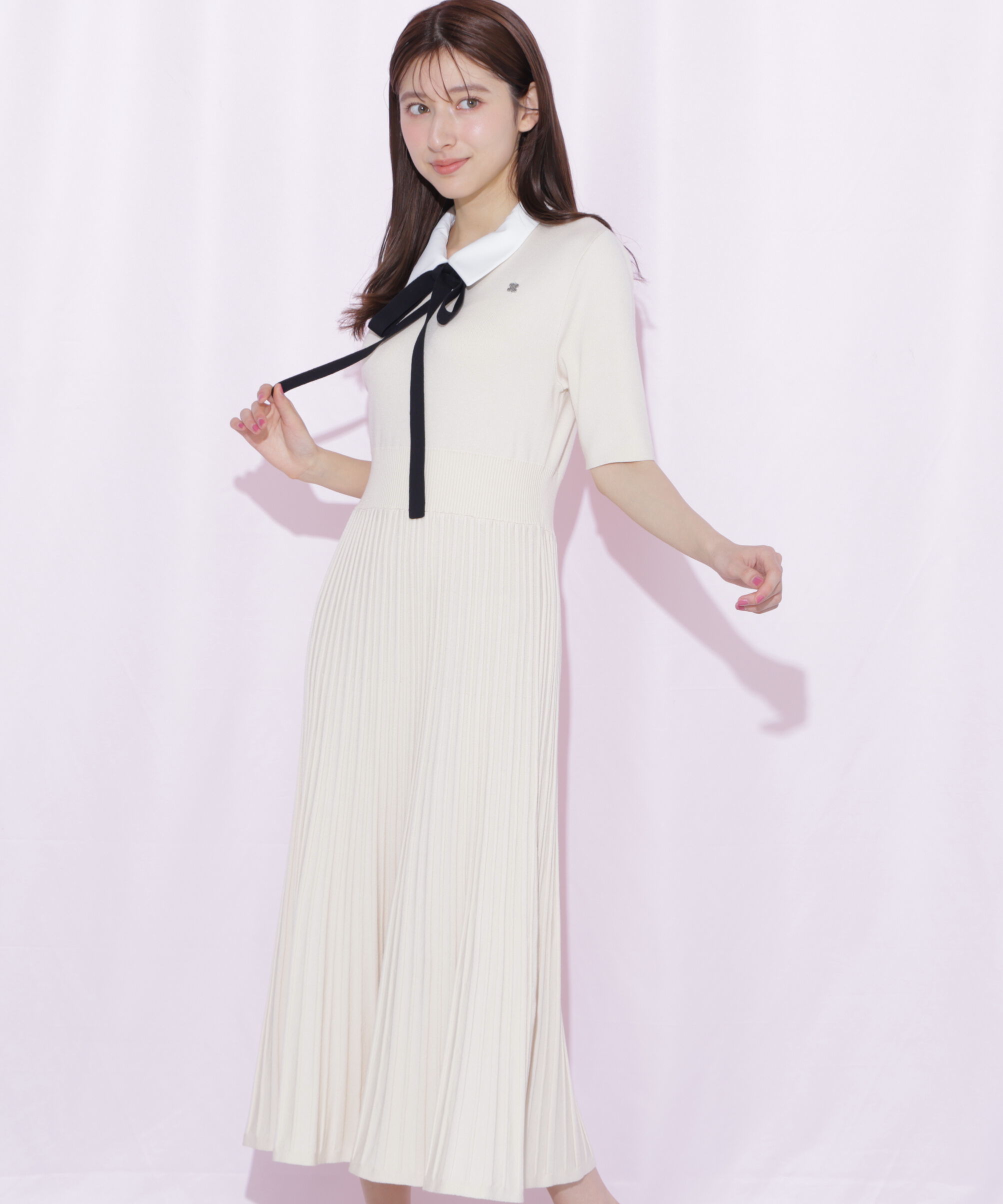  「襟付きプリーツニットワンピース」|ワンピース|