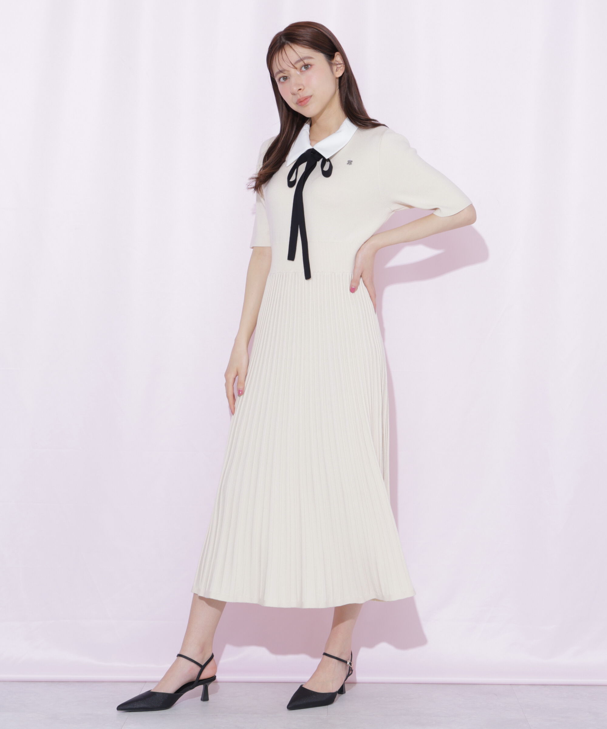  「襟付きプリーツニットワンピース」|ワンピース|