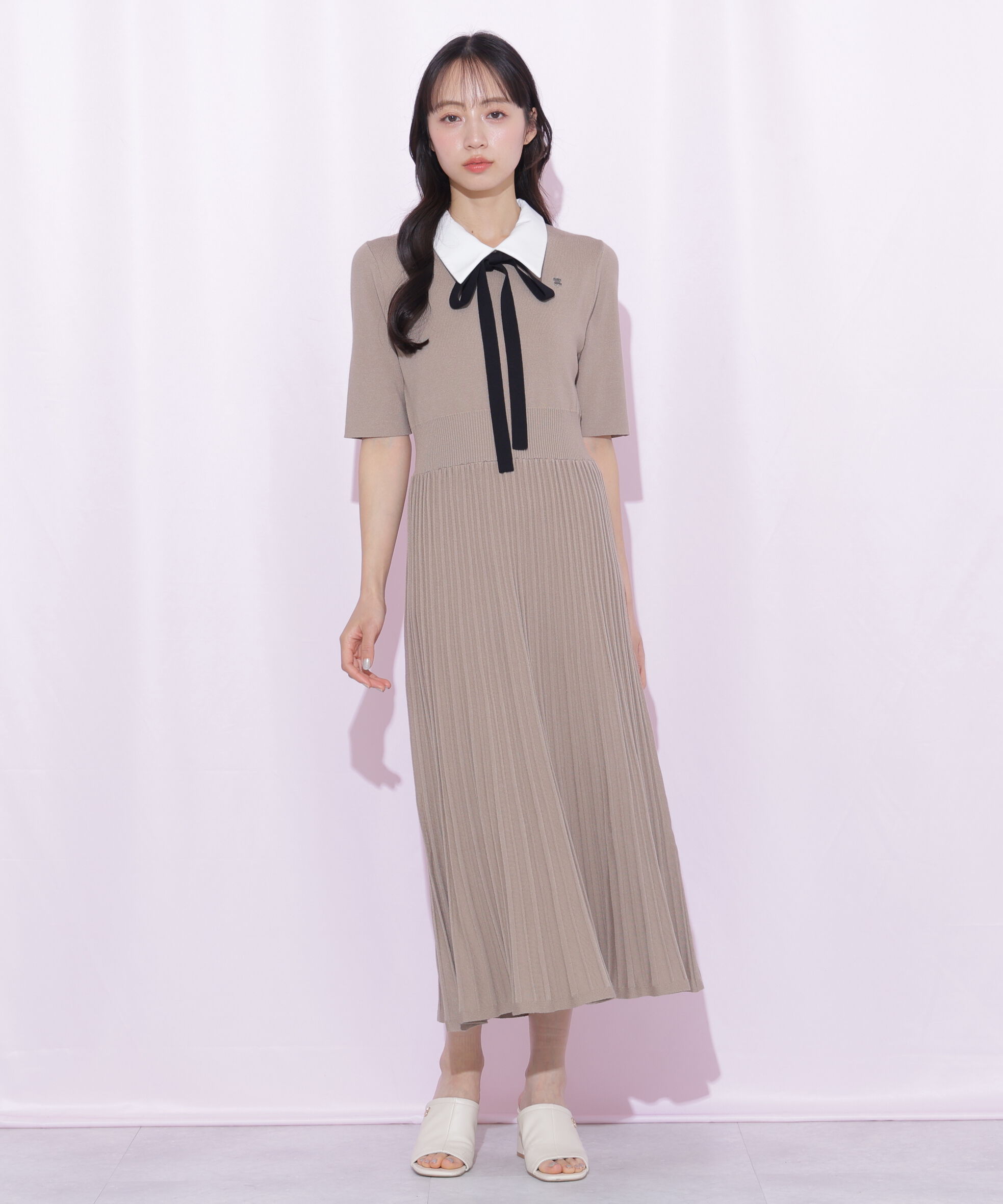  「襟付きプリーツニットワンピース」|ワンピース|