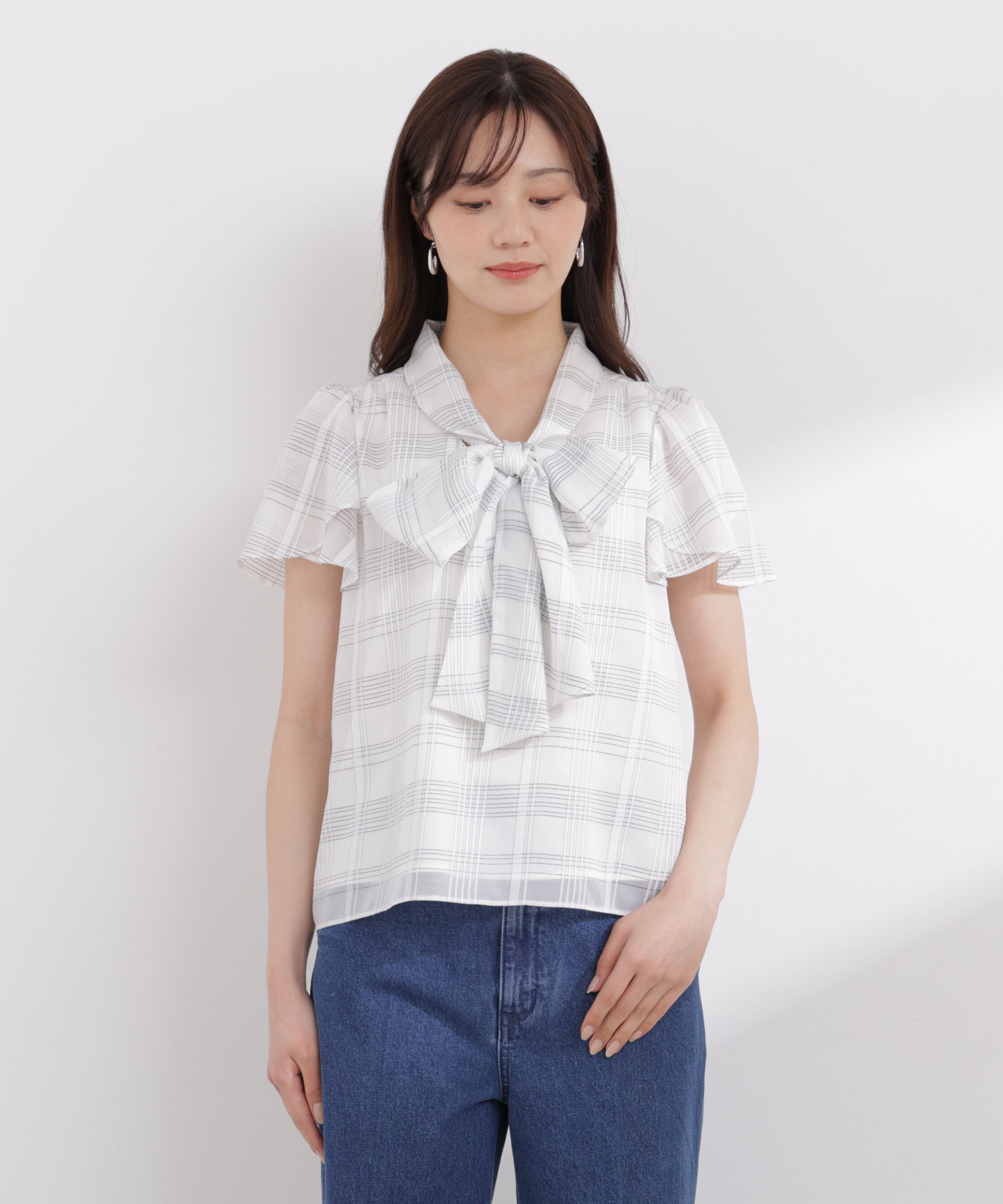 PROPORTION BODY DRESSING「チェックチューリップ袖リボンブラウス 26SS」|シャツ・ブラウス|