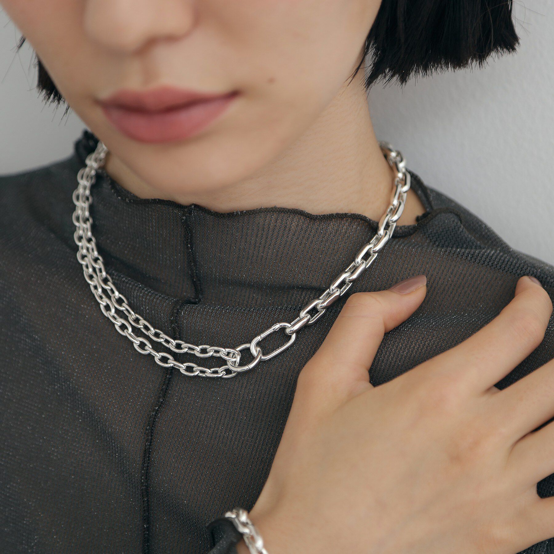 COCOSHNIK ONKITSCH「シルバー ミックスチェーン ケーブルカラビナネックレス」|ネックレス|