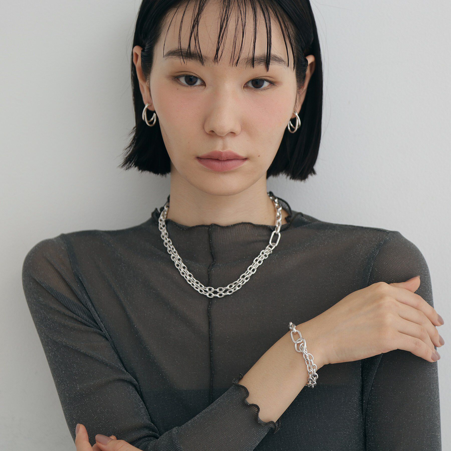 COCOSHNIK ONKITSCH「シルバー ミックスチェーン ケーブルカラビナブレスレット」|ブレスレット・バングル|
