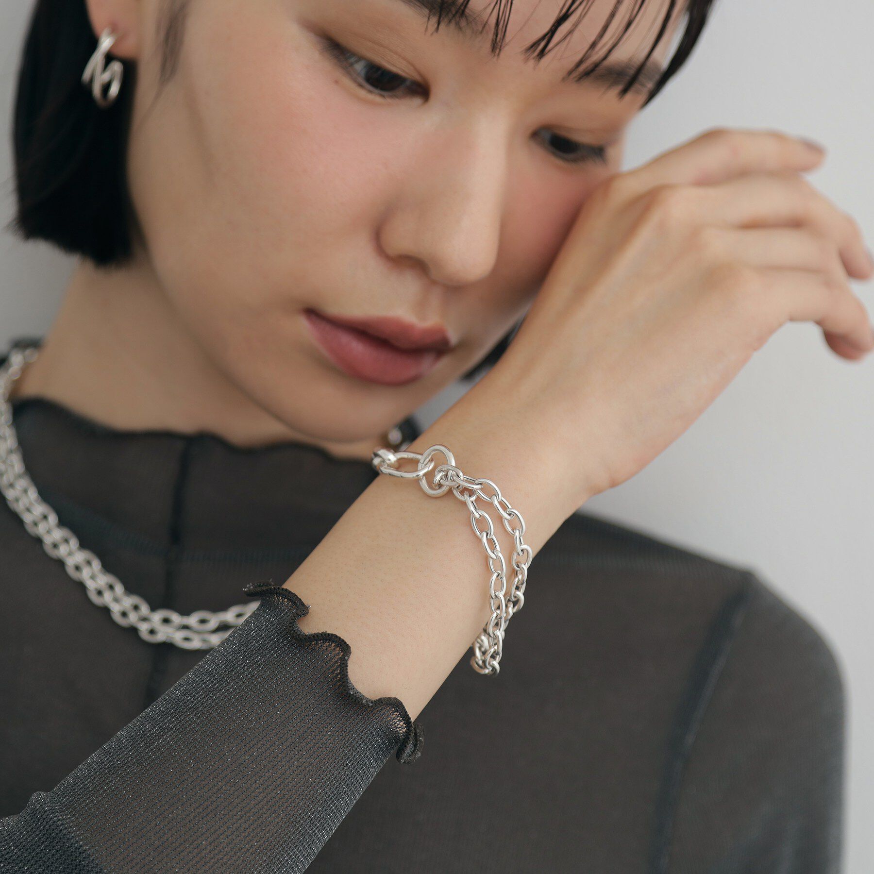 COCOSHNIK ONKITSCH「シルバー ミックスチェーン ケーブルカラビナブレスレット」|ブレスレット・バングル|