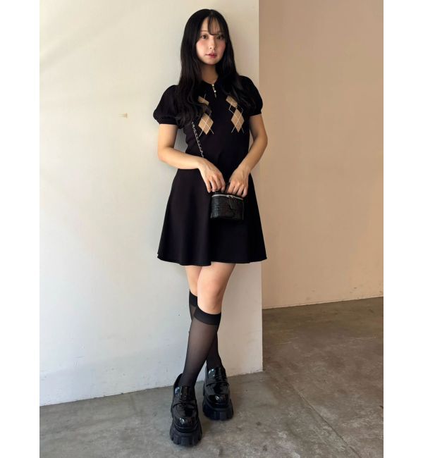 CALNAMUR「アーガイルパフスリーブニットワンピース」|ワンピース|