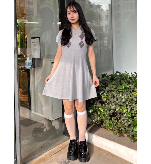 CALNAMUR「アーガイルパフスリーブニットワンピース」|ワンピース|