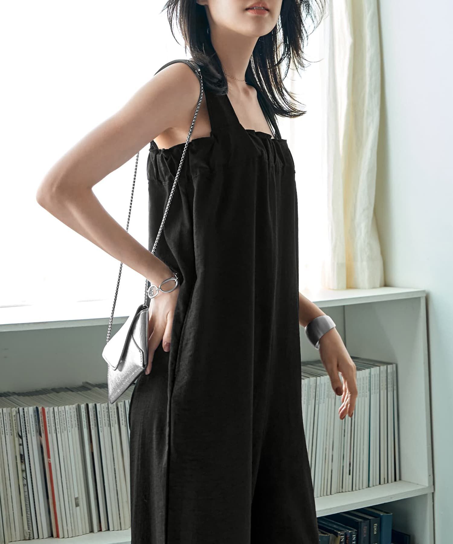 STYLE DELI「さらさらシボ生地スリット入りサロペット」|オールインワン|