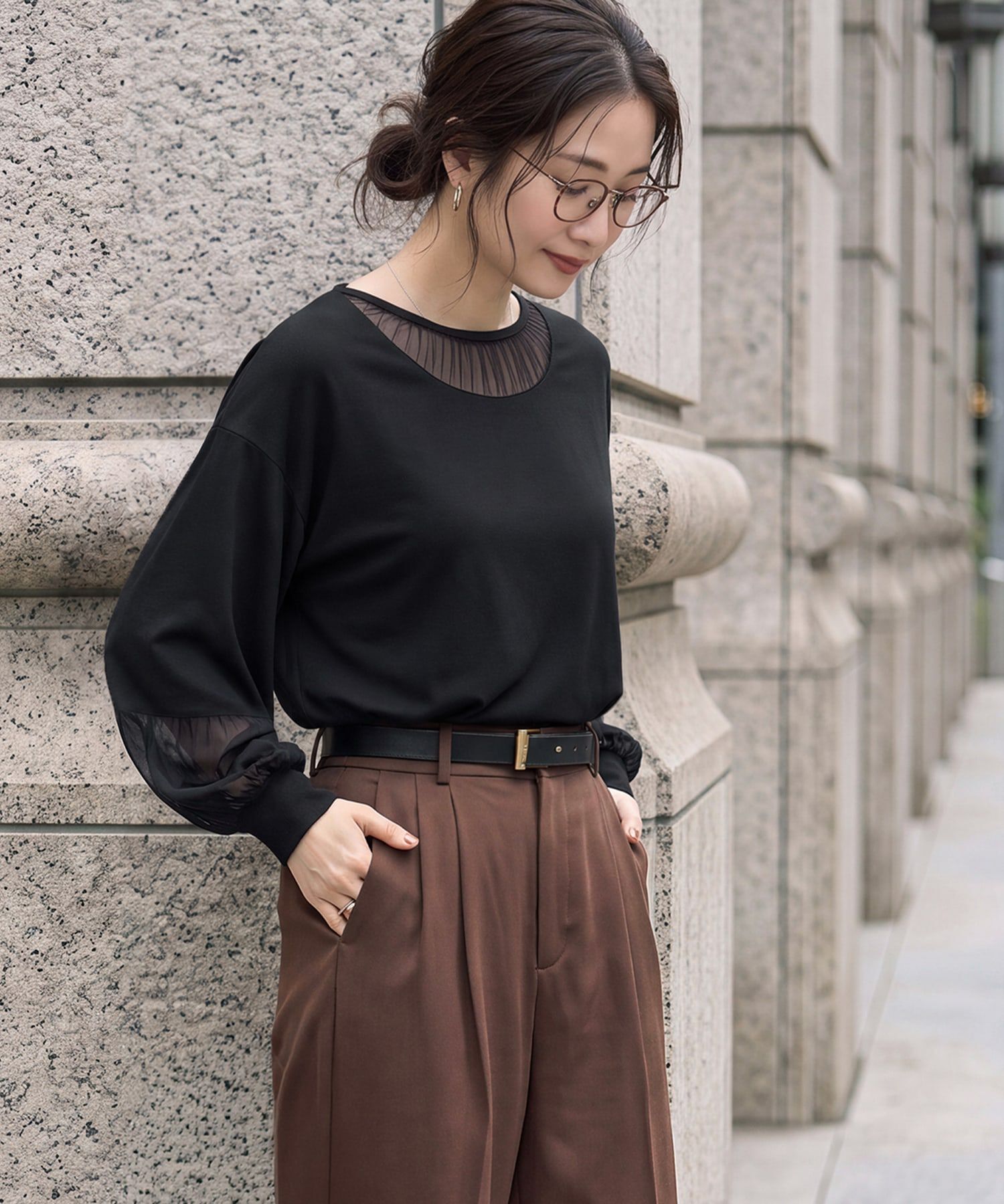 STYLE DELI「【Made in JAPAN】部分チュールのとろけるカットソートップス」|Tシャツ・カットソー|ブラック