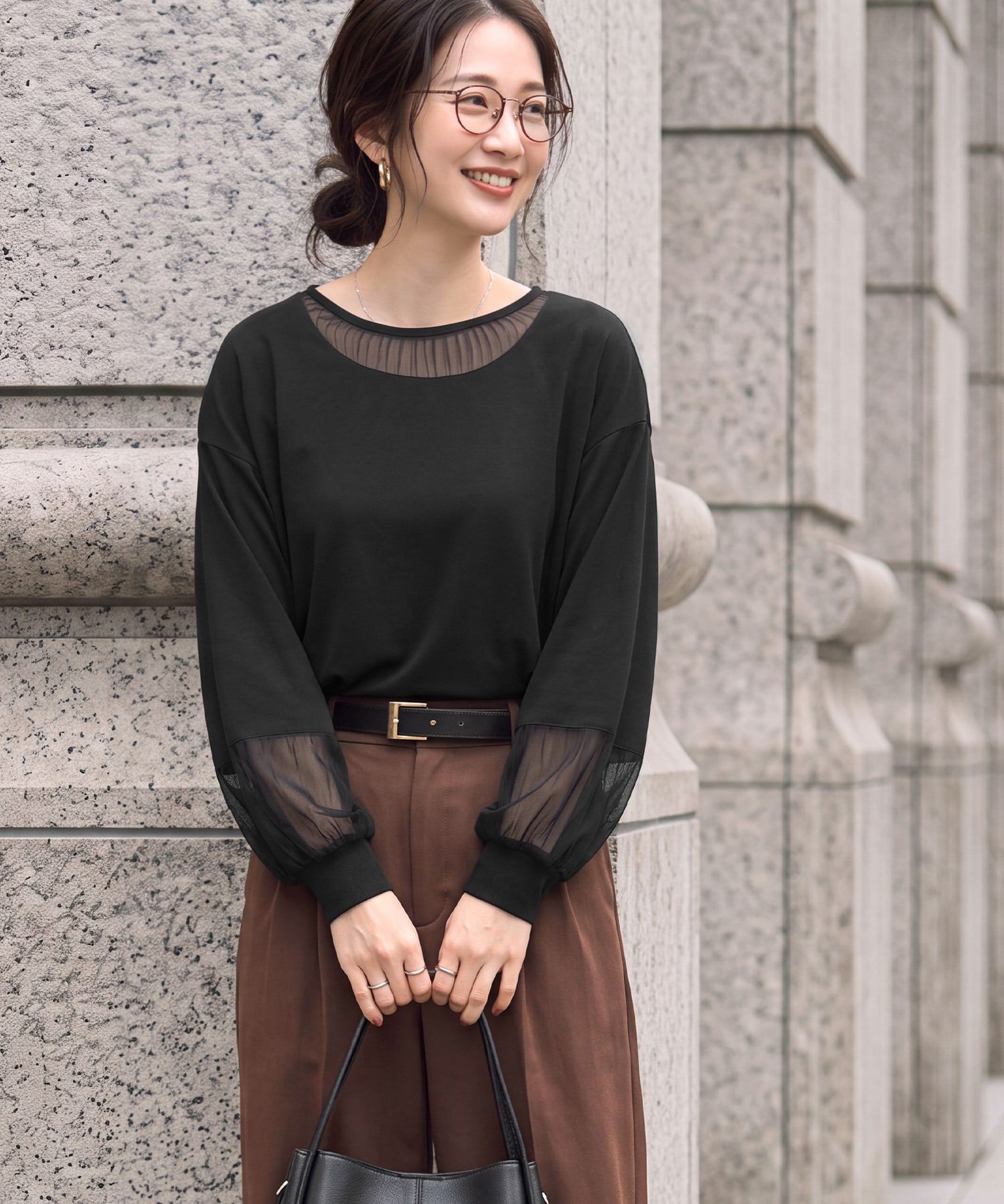 STYLE DELI「【Made in JAPAN】部分チュールのとろけるカットソートップス」|Tシャツ・カットソー|