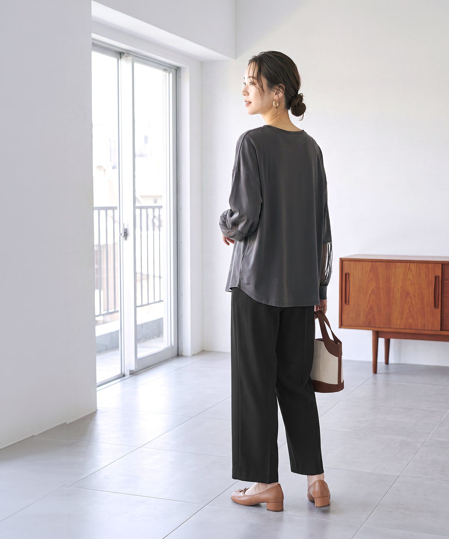 STYLE DELI「【Made in JAPAN】部分チュールのとろけるカットソートップス」|Tシャツ・カットソー|