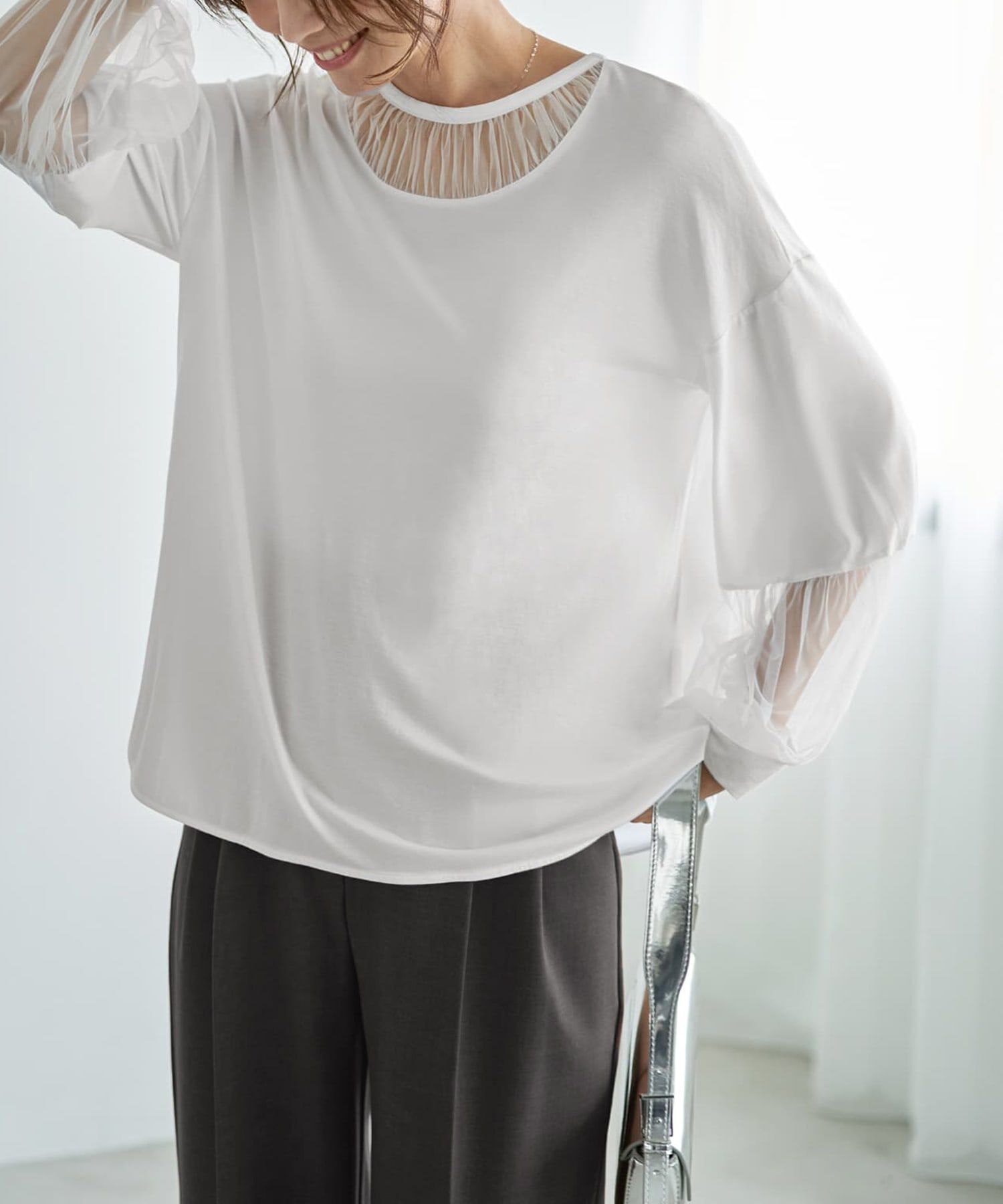 STYLE DELI「【Made in JAPAN】部分チュールのとろけるカットソートップス」|Tシャツ・カットソー|ホワイト