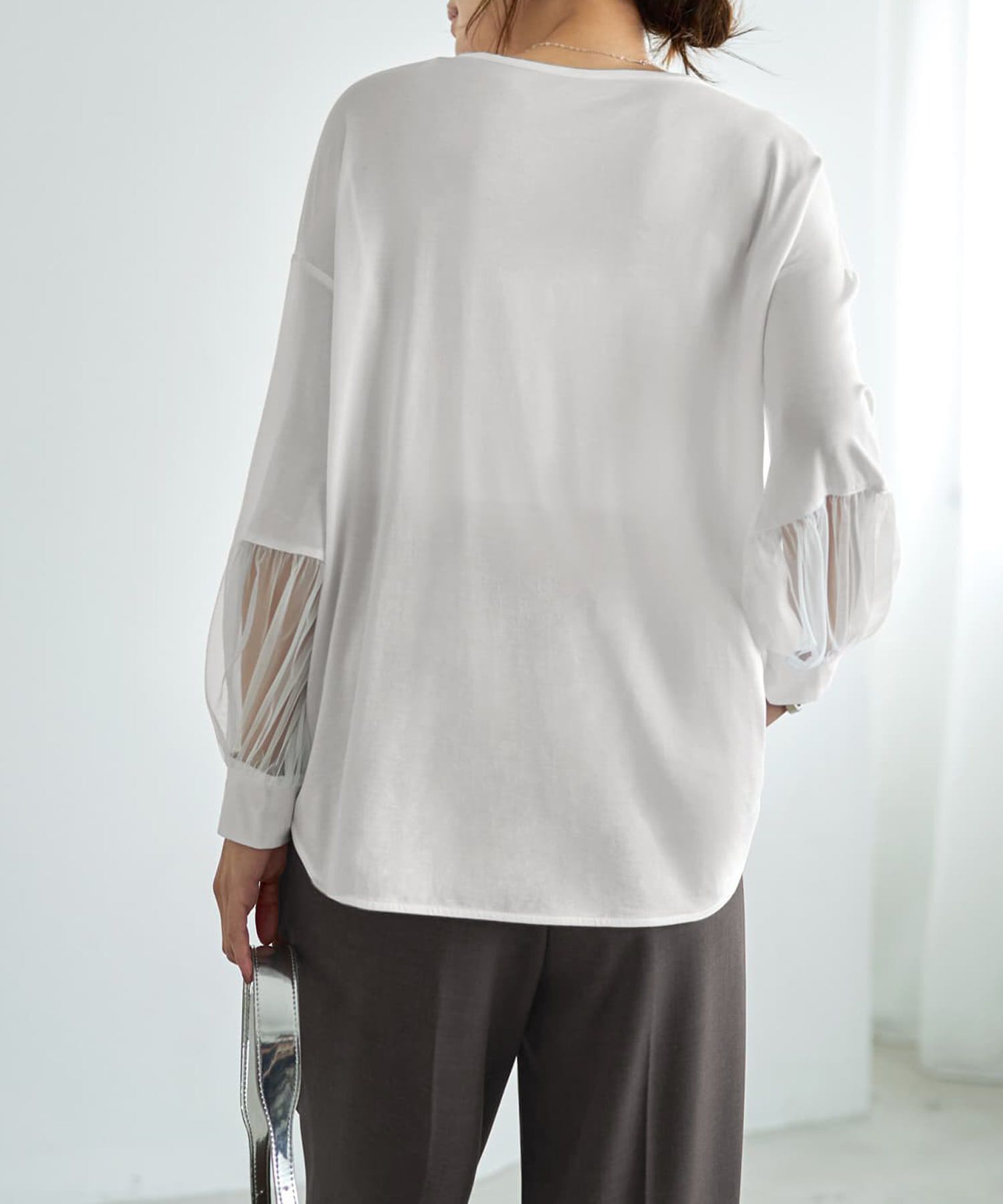 STYLE DELI「【Made in JAPAN】部分チュールのとろけるカットソートップス」|Tシャツ・カットソー|