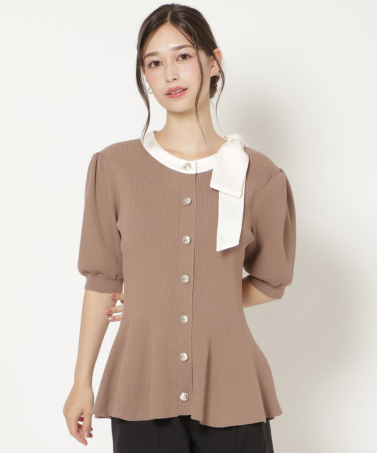 WILLSELECTION「リボンネックペプラムニット」|カーディガン|茶系幾何､ﾊﾟﾈﾙ柄