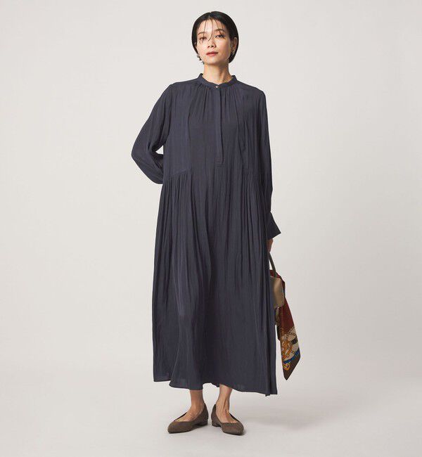 UNITED ARROWS green label relaxing「［size SHORTあり］サテン ギャザー ロングスリーブ ワンピース」|ワンピース|NAVY