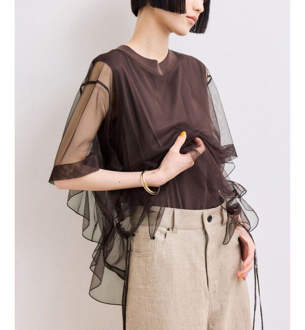 ADAM ET ROPE'「【WEB限定】・【サステナブル】・【定番】ギャザーチュールトップス」|Tシャツ・カットソー|ブラウン(20)