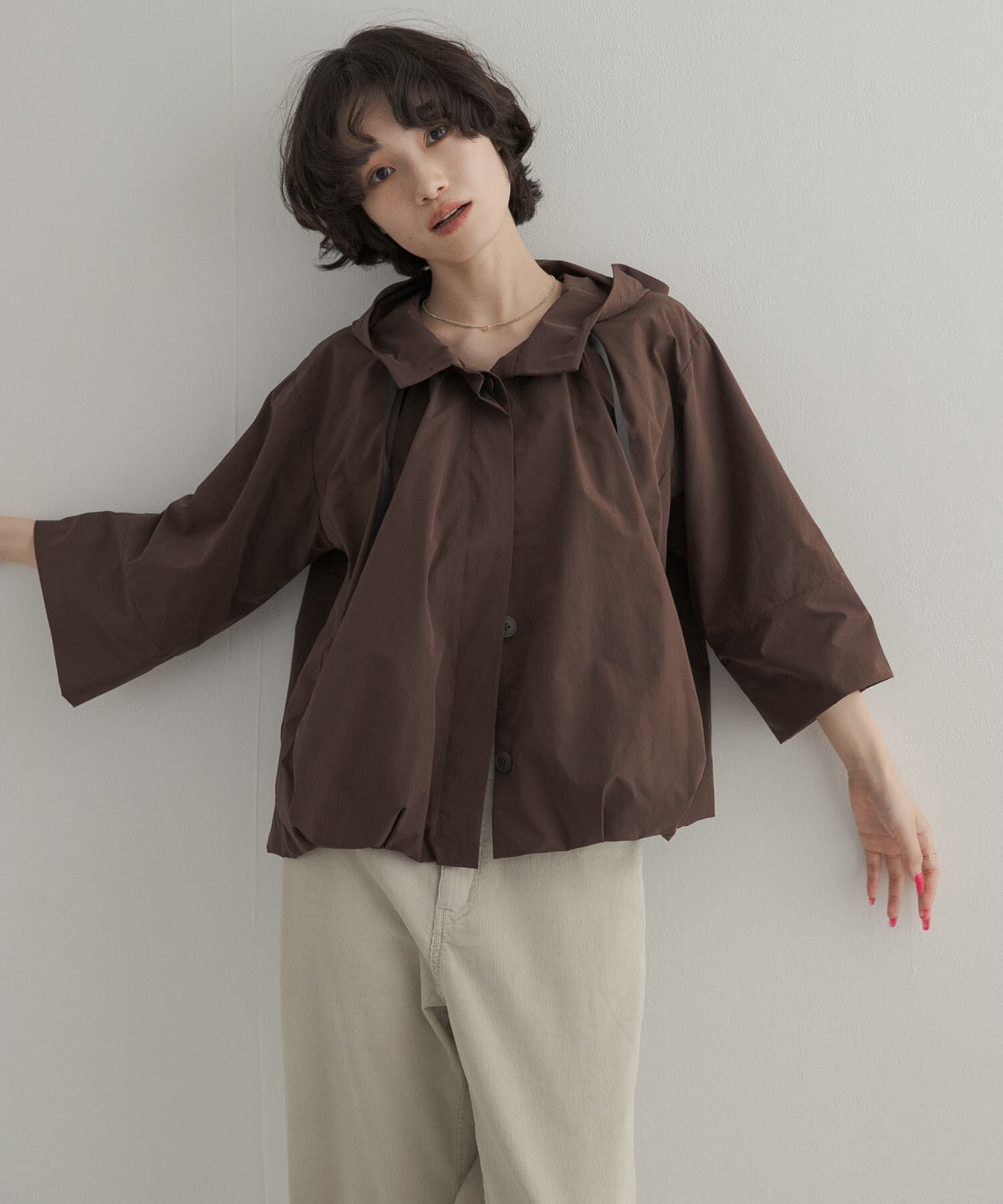 URBAN RESEARCH DOORS「バルーンフードジャケット」|ノーカラーコート|
