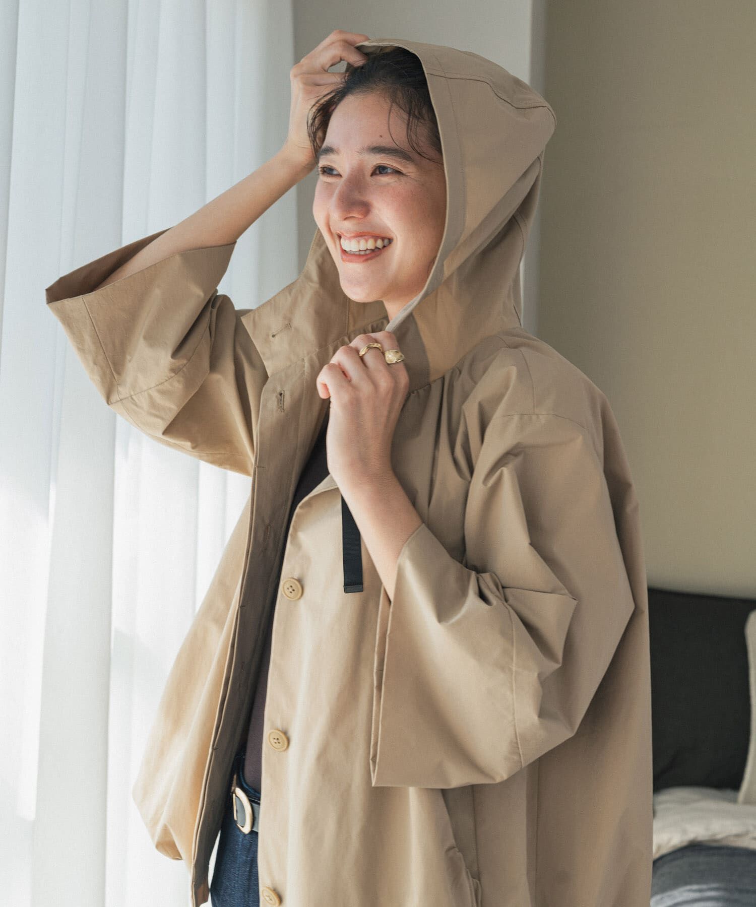 URBAN RESEARCH DOORS「バルーンフードジャケット」|ノーカラーコート|