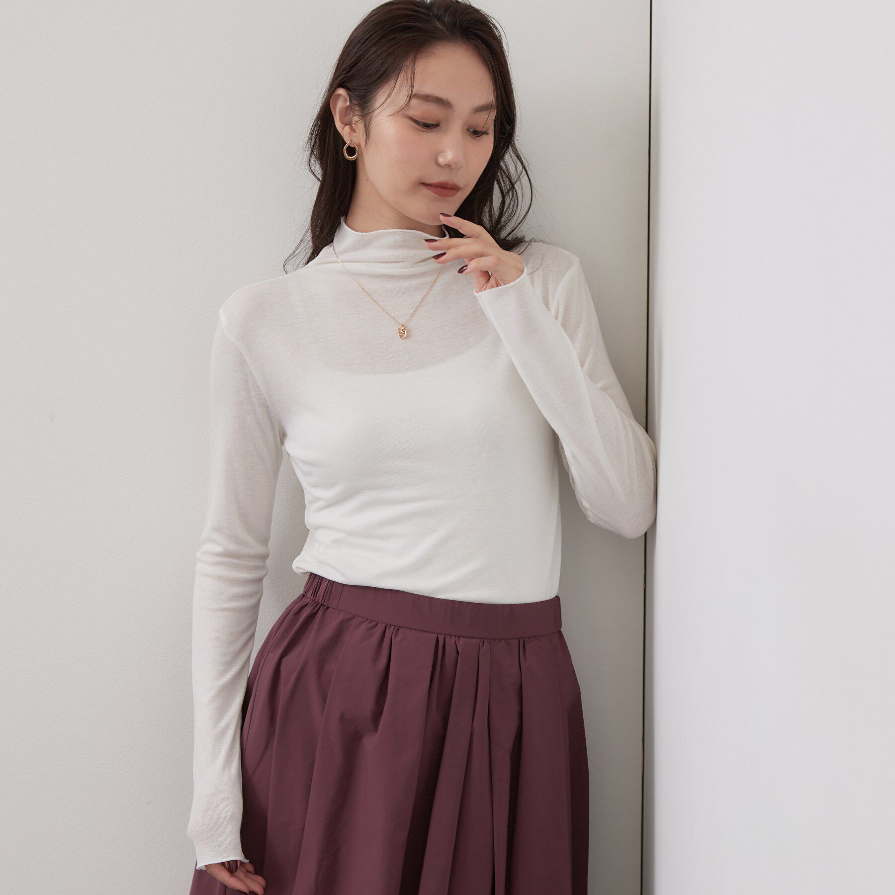OPAQUE.CLIP「なめらかシアーハイネックカットソー【洗濯機OK／抗ピル】」|Tシャツ・カットソー|