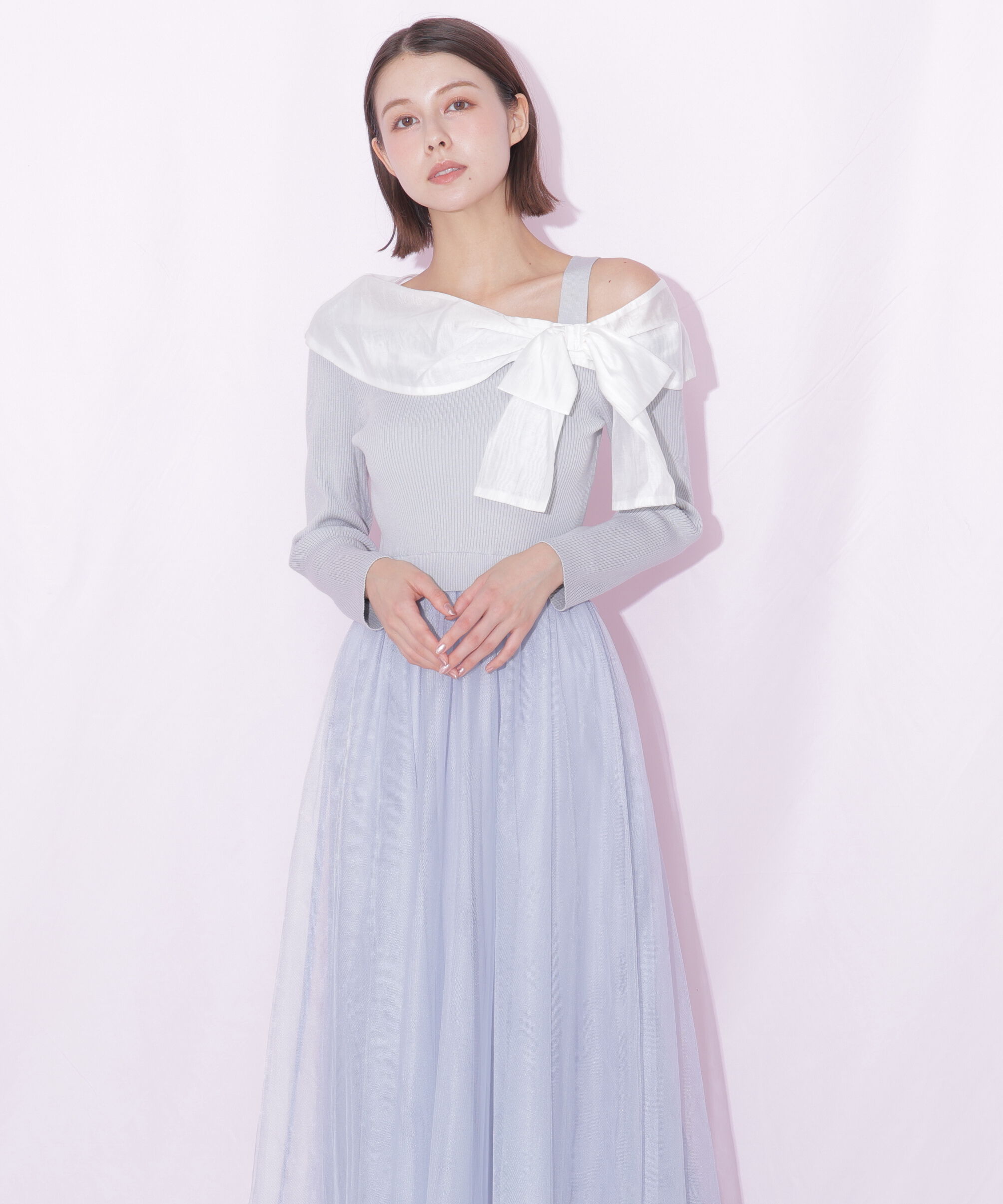  「アシメリボンドッキングワンピース」|ワンピース|ブルー