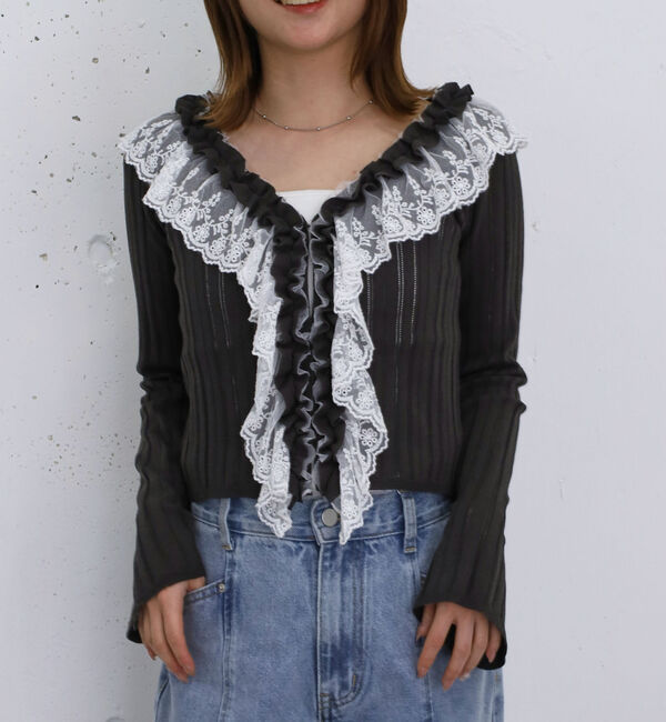 archives「フロントレースフリルニットカーディガン」|カーディガン|CHARCOAL GRAY