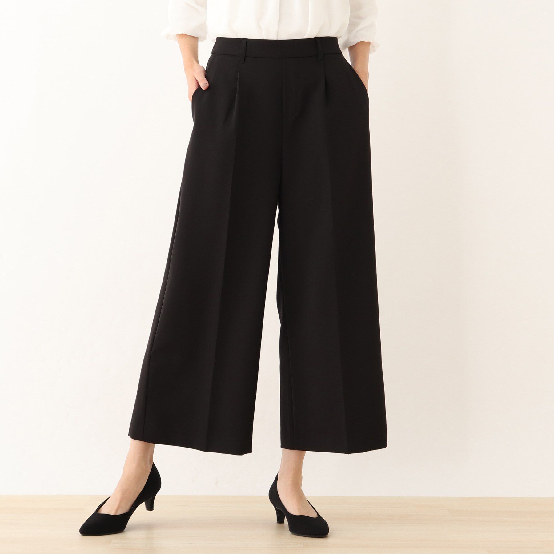 SHOO･LA･RUE「【S-5L/洗濯機可/2WAYストレッチ】ダブルクロスワイドパンツ」|その他|ブラック(219)