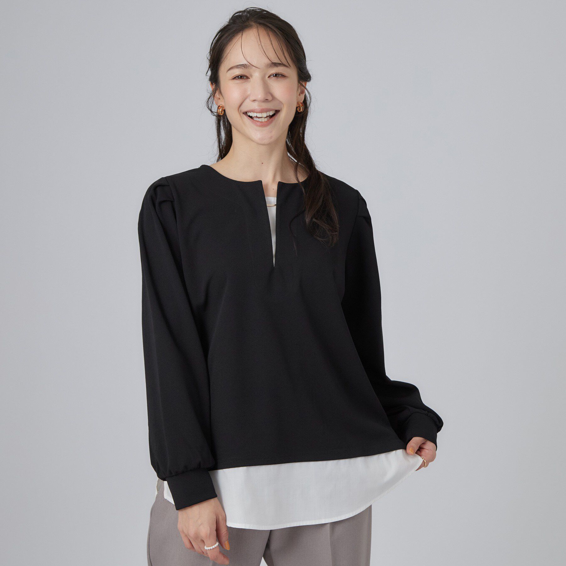SHOO･LA･RUE「【S-LL/洗濯機可】1枚で完成 アクセいらずのレイヤード風ブラウス」|Tシャツ・カットソー|