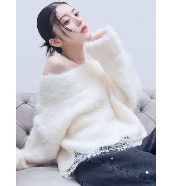 LAGUNAMOON「レースヘムフラッフィーオフショルニット」|ニット・セーター|