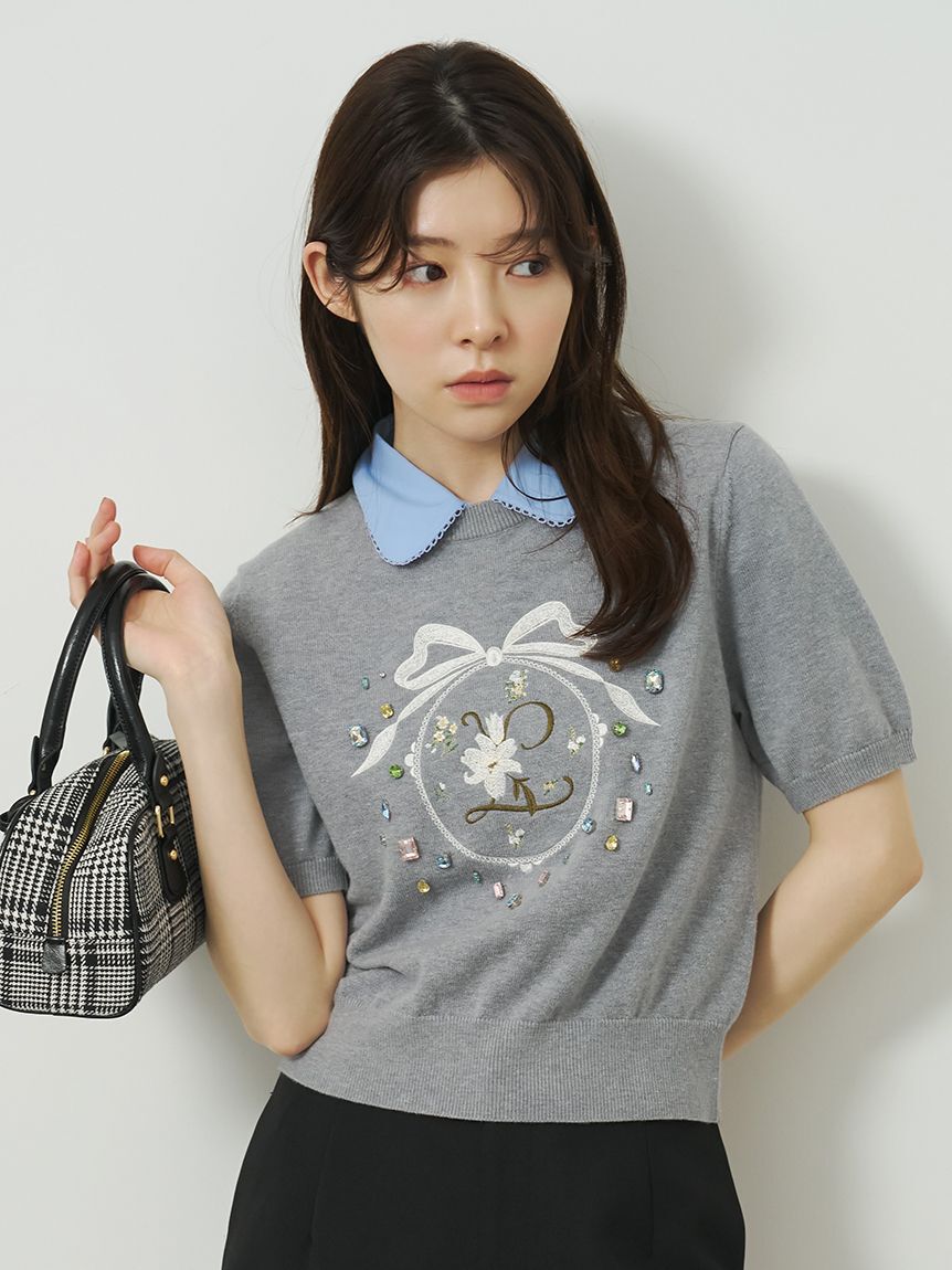 LILY BROWN「[L.B CANDY STOCK] ビジューエンブロイダリーニットトップ」|ニット・セーター|