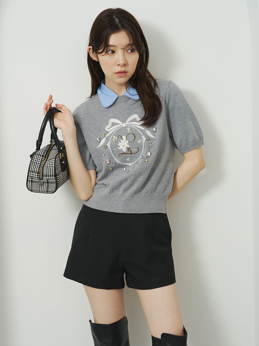 LILY BROWN「[L.B CANDY STOCK] ビジューエンブロイダリーニットトップ」|ニット・セーター|