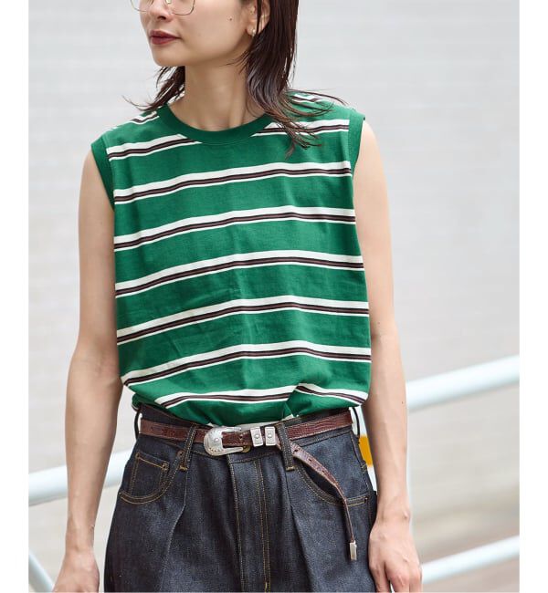 JOURNAL STANDARD「《追加3》汗ジミ防止天竺ボーダーノースリーブ」|Tシャツ・カットソー|グリーン