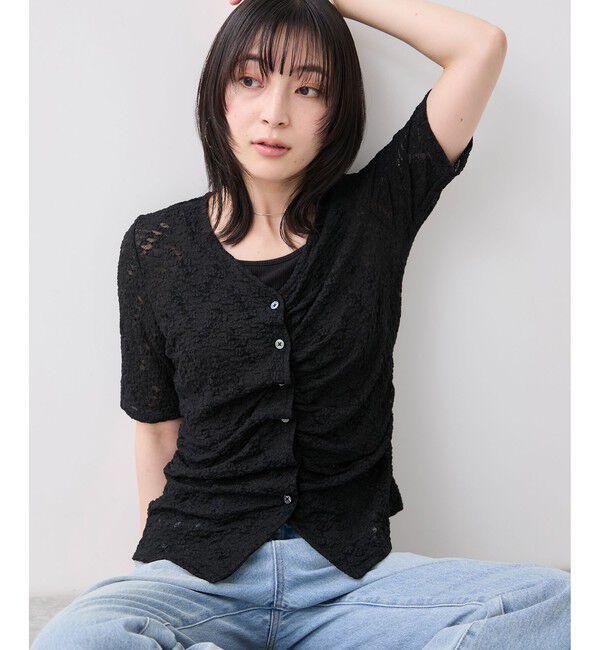 VIS「レース半袖フロントギャザートップス」|Tシャツ・カットソー|