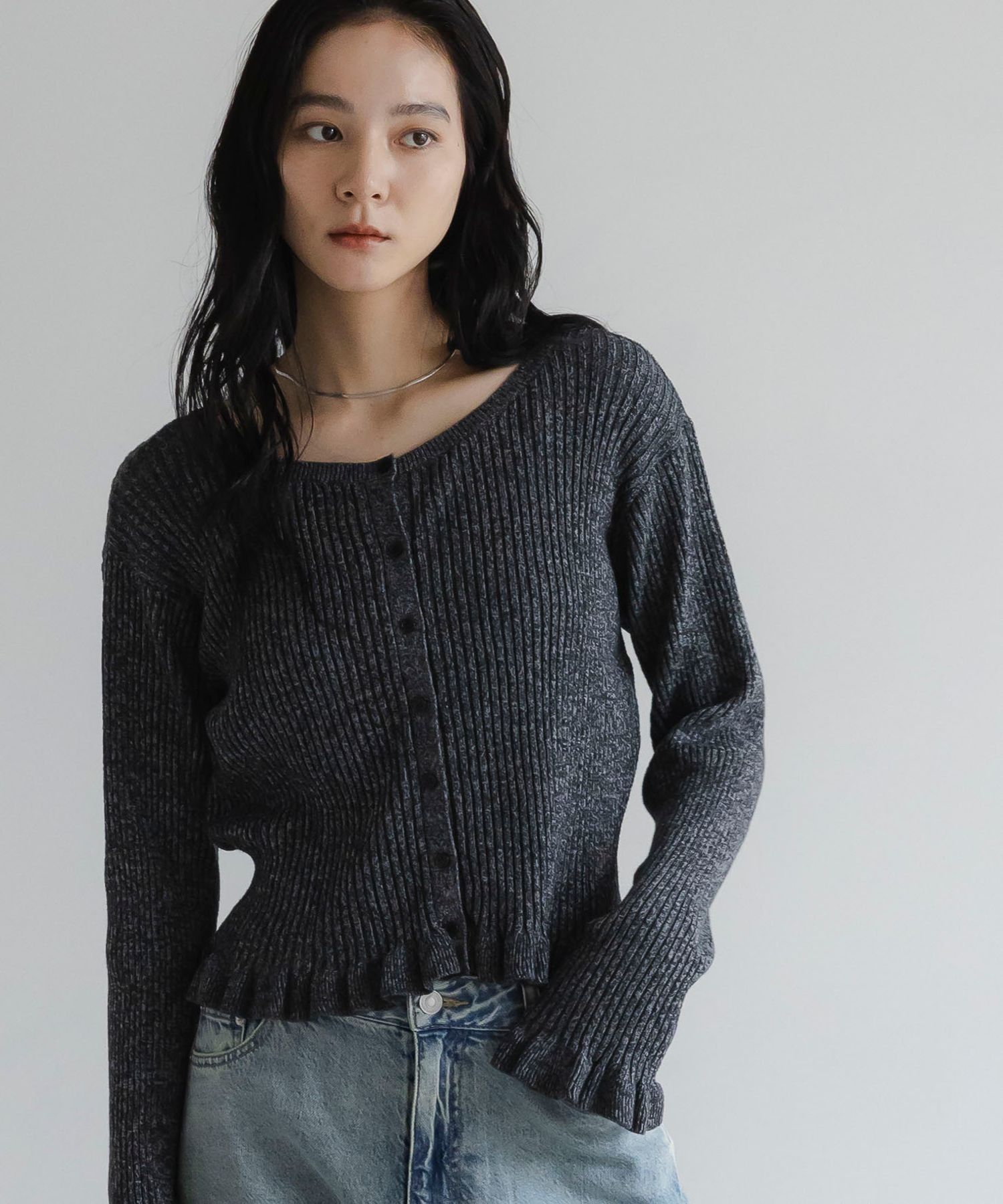LOWRYS FARM「メランジフリルカーディガンＬＳ」|ニット・セーター|BLK