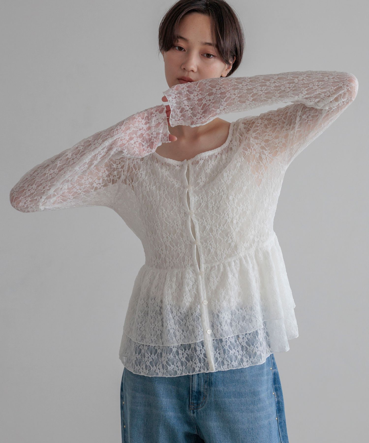 LOWRYS FARM「ドットレースチュールLS」|Tシャツ・カットソー|WHTﾚｰｽ