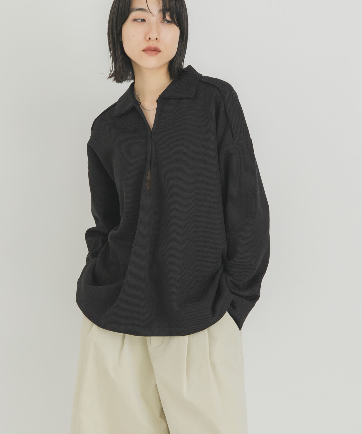  「キーネックカラーBIGトップス」|Tシャツ・カットソー|ブラック