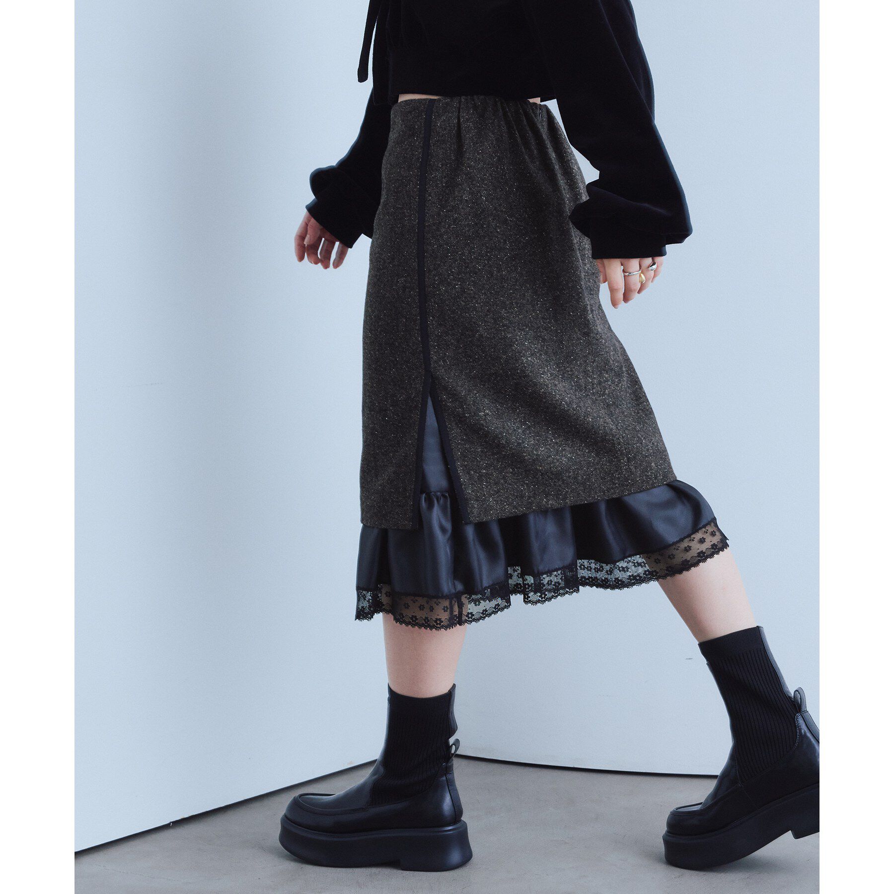 CODE A「nep tweed lace hem skirt」|スカート|ブラウン(444)