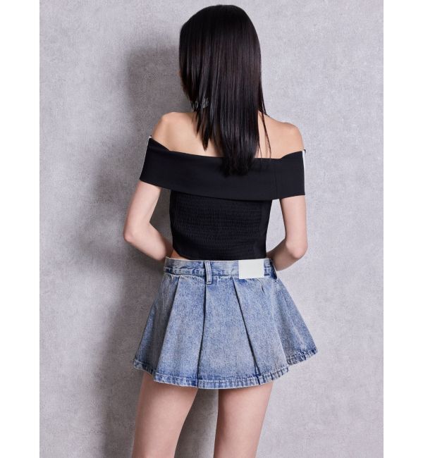 GYDA「ハイウエストレイヤードプリーツスカートライクデニムショートパンツ」|スカート|