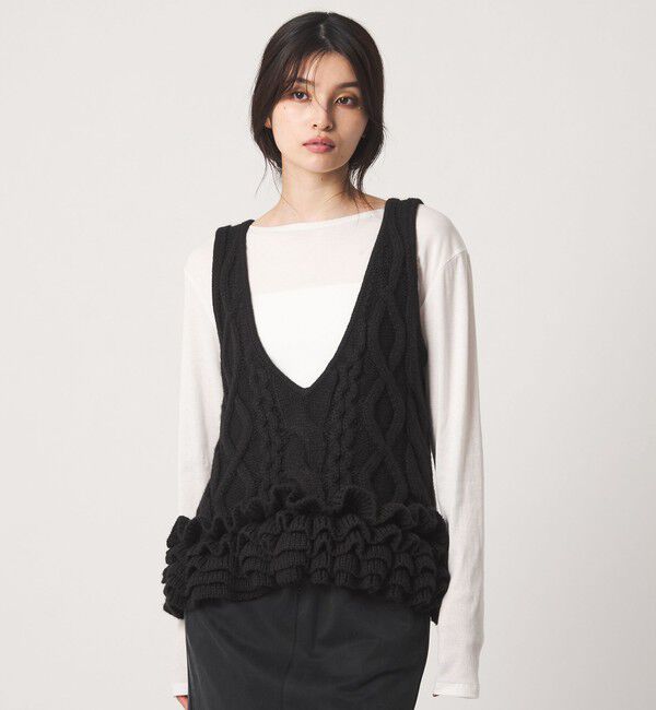 EMMEL REFINES「＜EMMEL REFINES＞EM ケーブル フリル チュニック ベスト」|ニット・セーター|BLACK