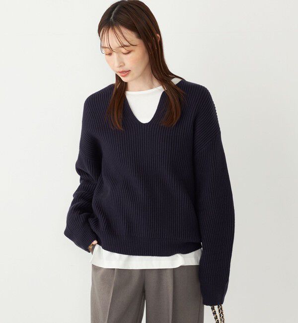 SHIPS Colors 「SHIPS Colors:〈手洗い可能〉畦 スキッパー ニット◇」|ニット・セーター|ネイビー