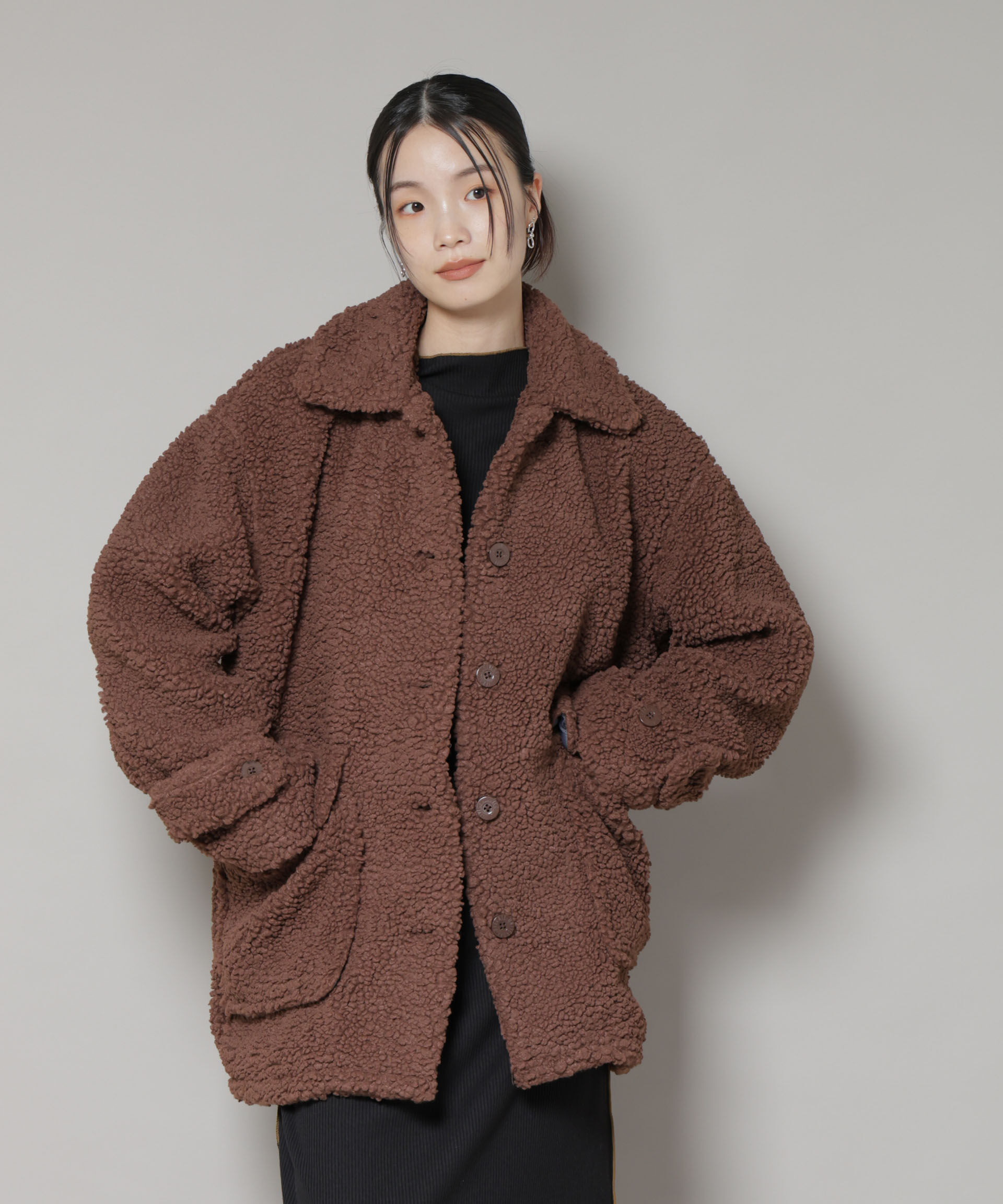 nano･universe「UNIVERSAL OVERALL/BOA HALF COAT」|ブルゾン・スタジャン|ブラウン
