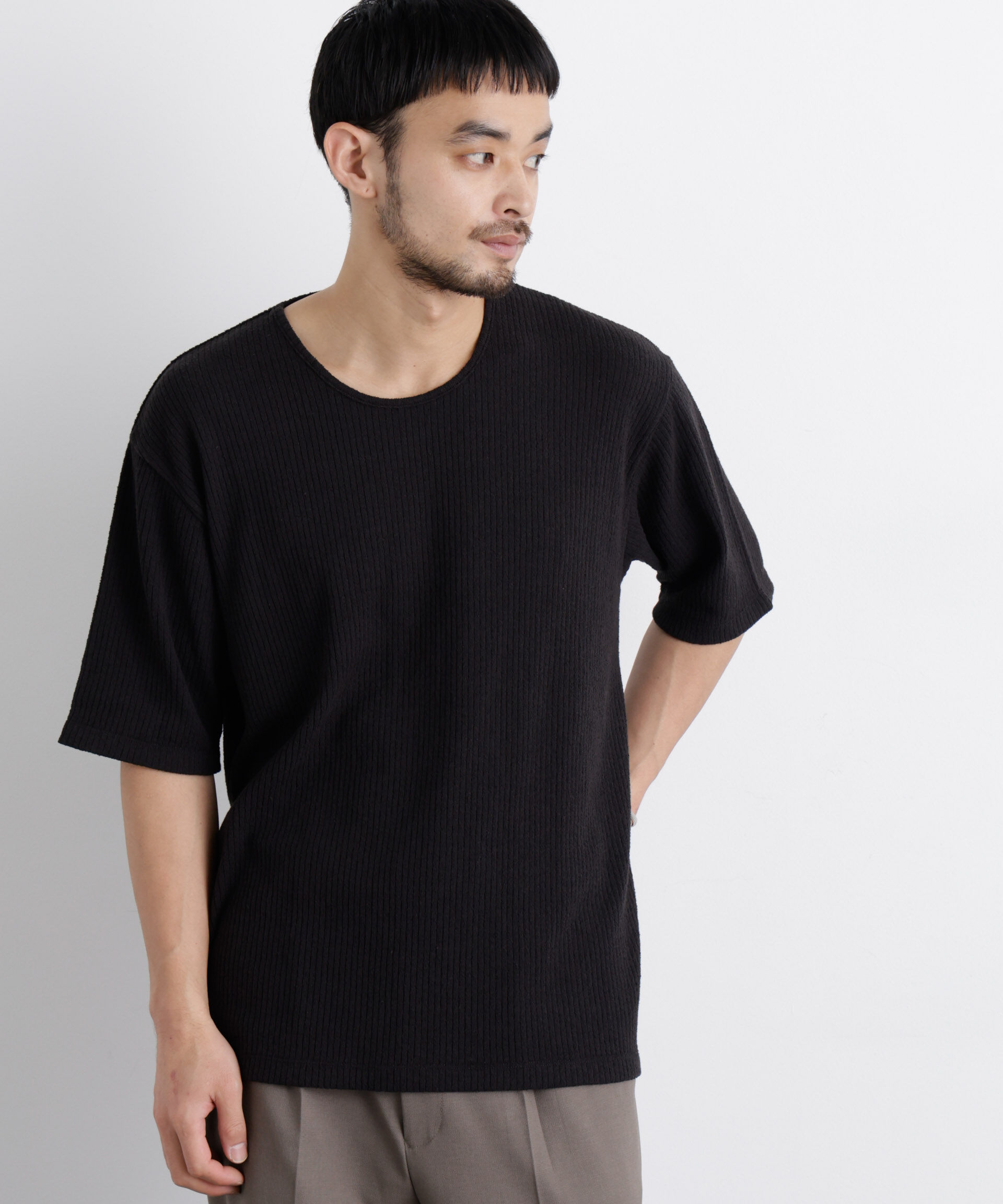 nano･universe「強撚ループヤーン針抜きストレッチ Tシャツ」|Tシャツ・カットソー|ブラック