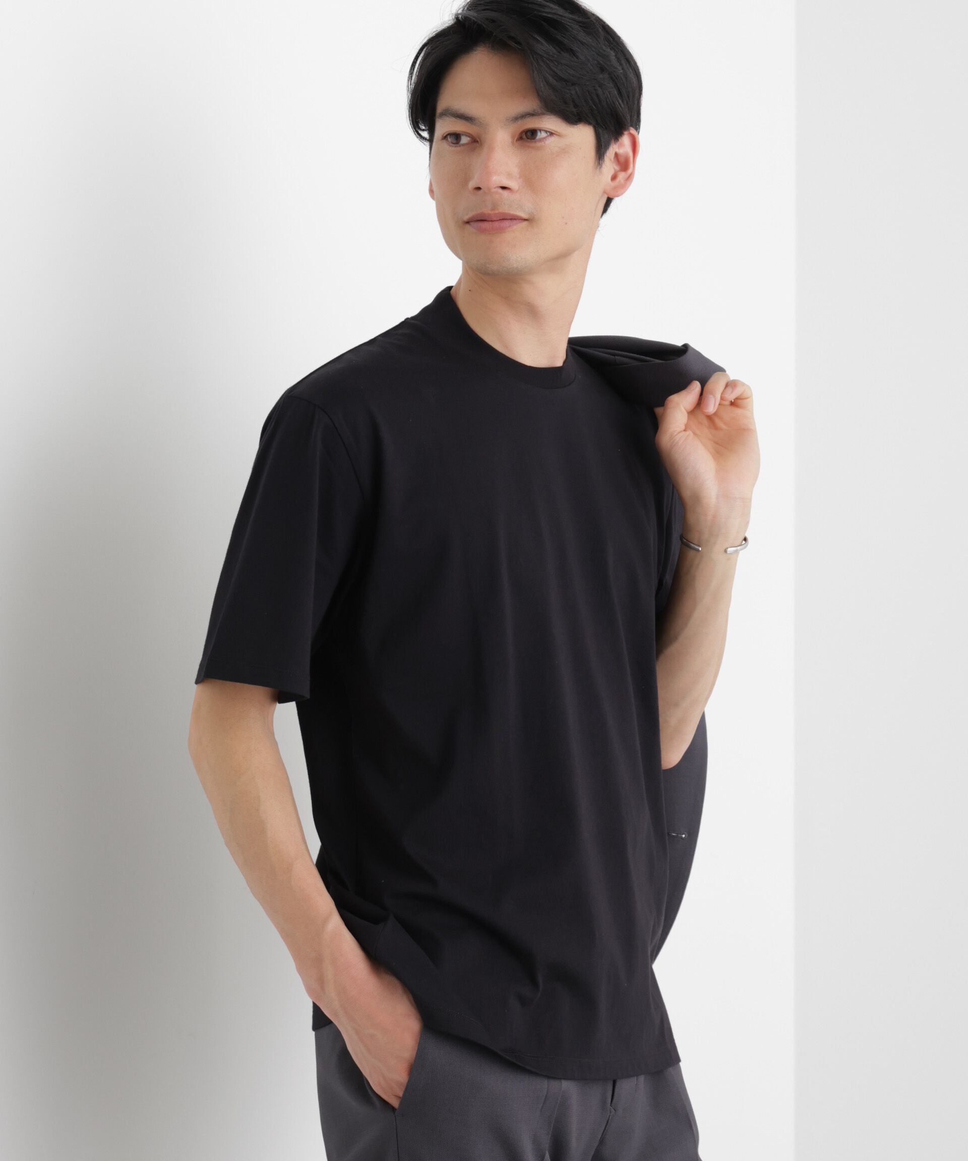 NANO universe「ジャケT(R) クルーネック 半袖」|Tシャツ・カットソー|ブラック